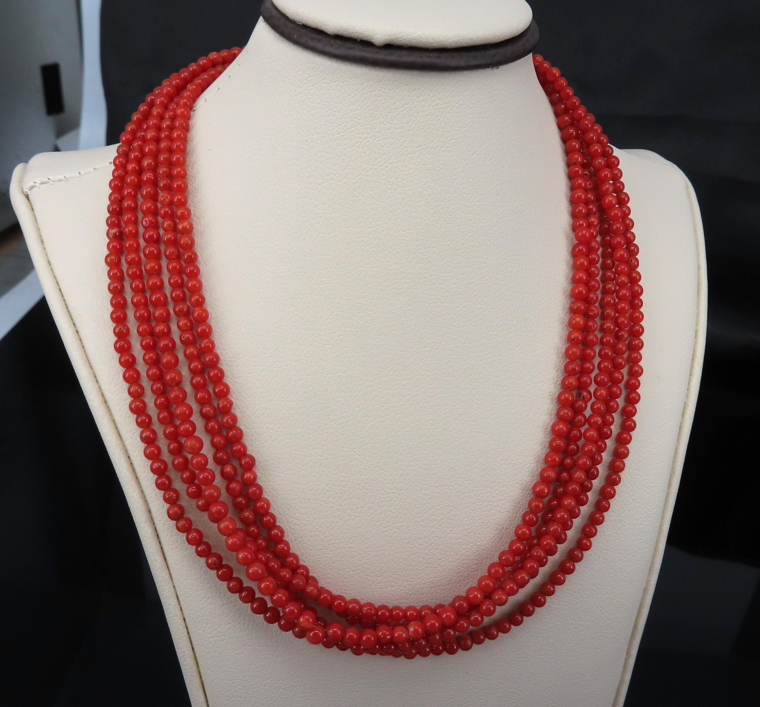 Natural Untreated Ox Blood Coral 2.5-2.9mm 5 layer 18K Yellow Gold 19" Necklace