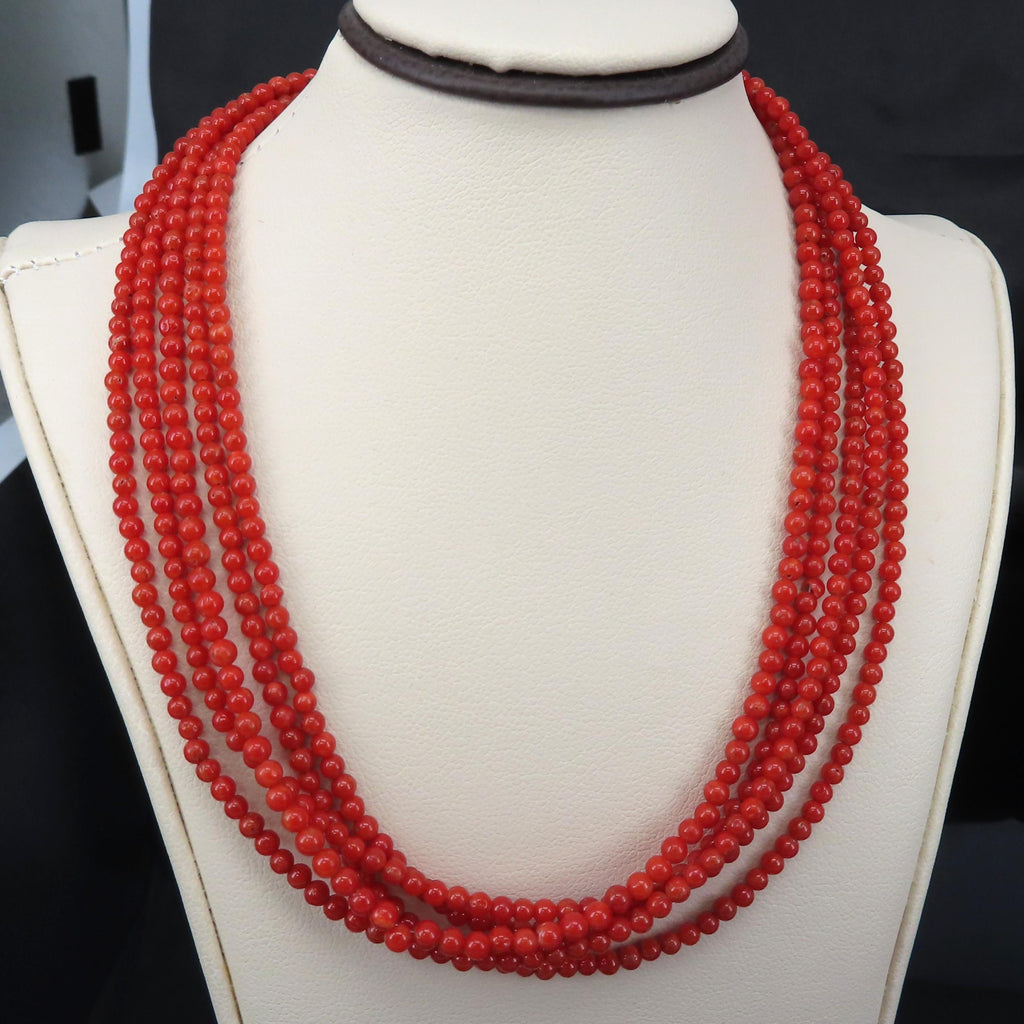 Natural Untreated Ox Blood Coral 2.5-2.9mm 5 layer 18K Yellow Gold 19" Necklace