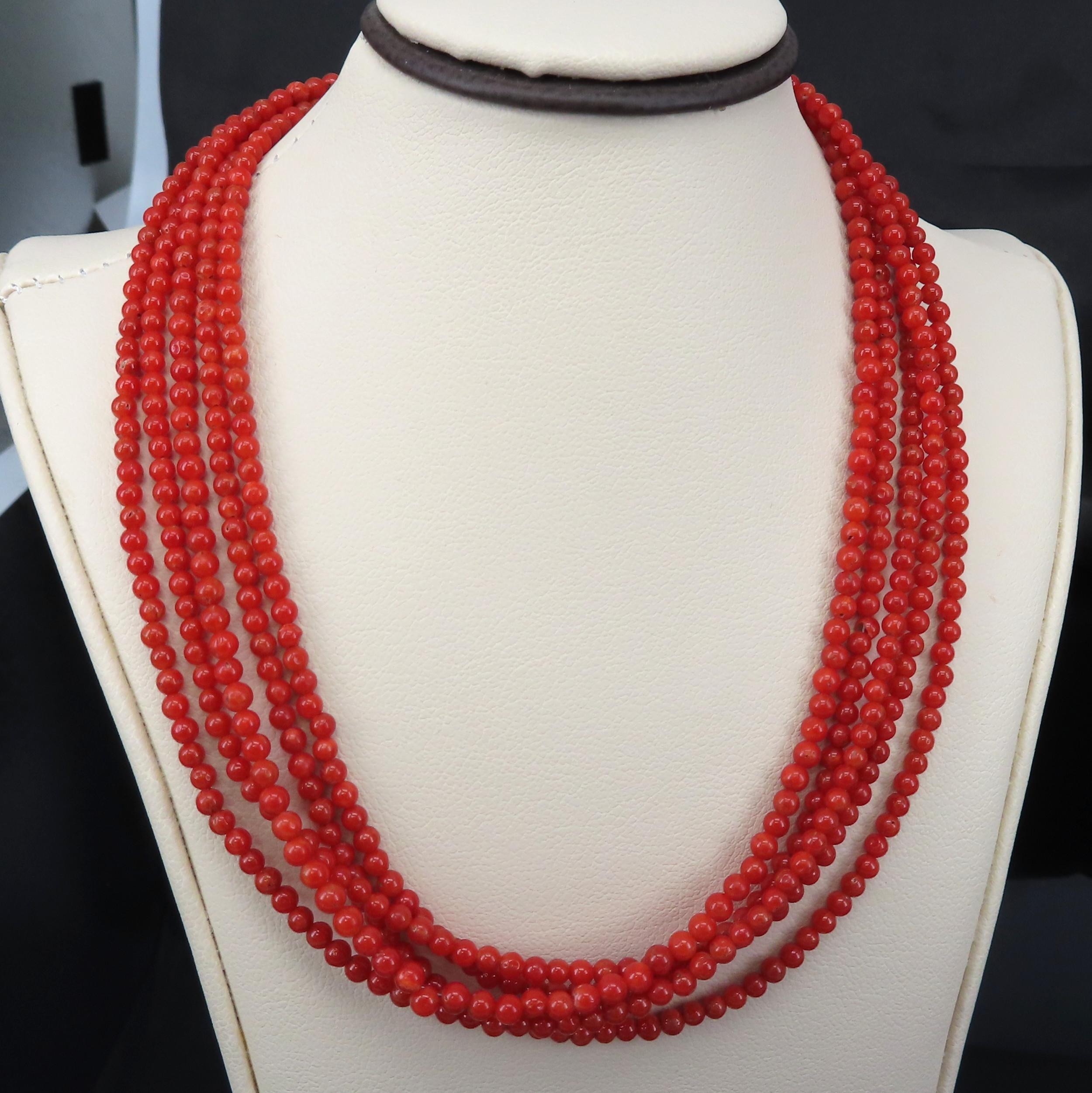 Natural Untreated Ox Blood Coral 2.5-2.9mm 5 layer 18K Yellow Gold 19" Necklace