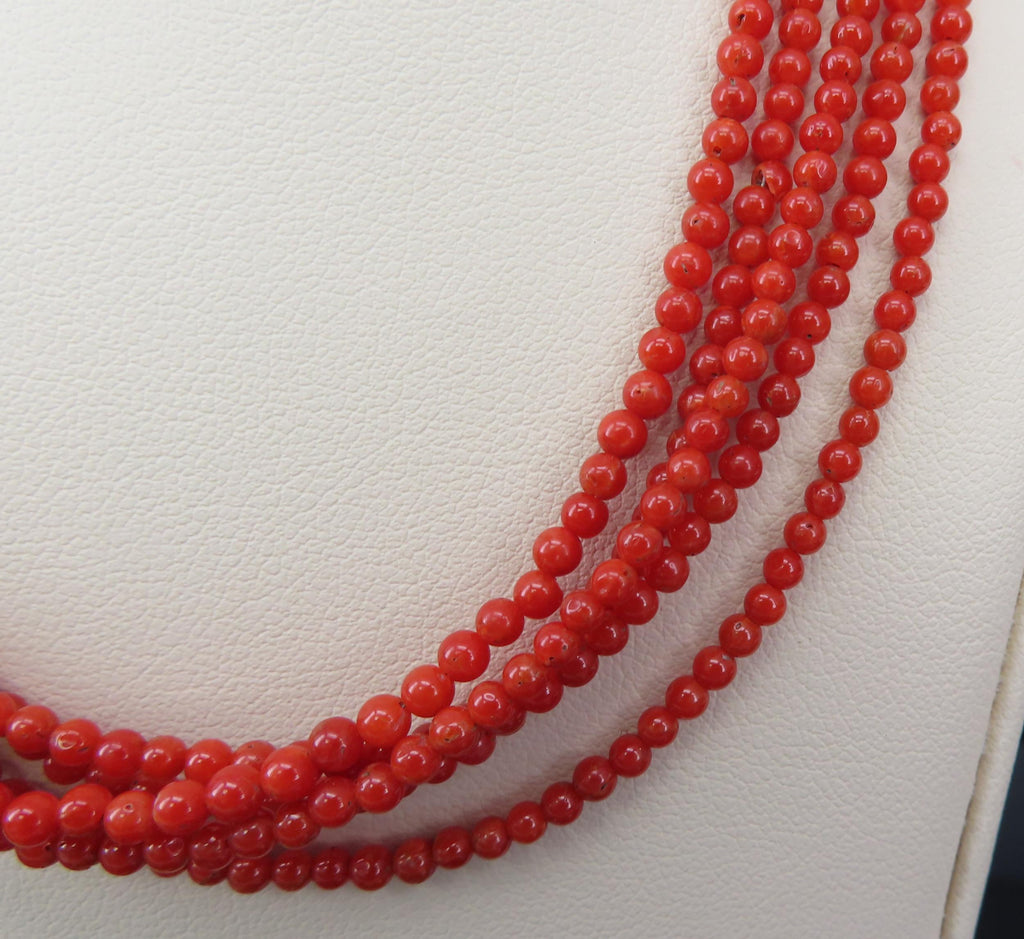 Natural Untreated Ox Blood Coral 2.5-2.9mm 5 layer 18K Yellow Gold 19" Necklace