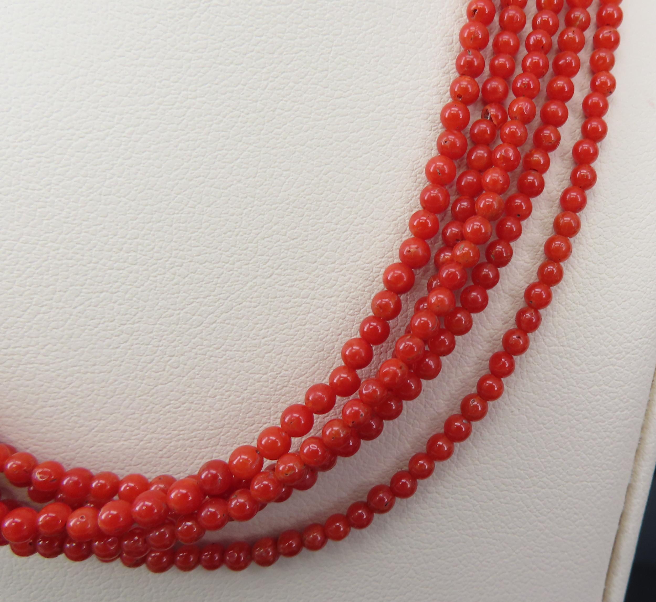 Natural Untreated Ox Blood Coral 2.5-2.9mm 5 layer 18K Yellow Gold 19" Necklace