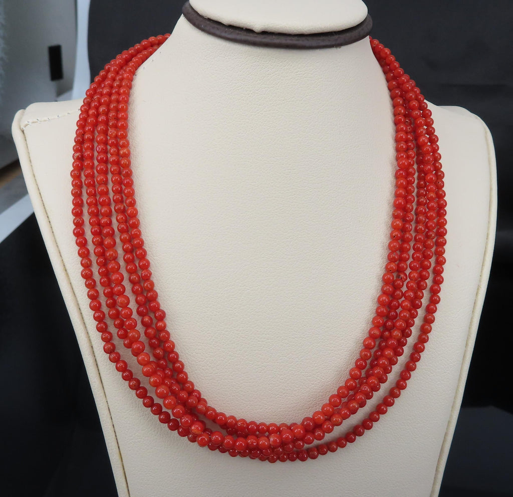 Natural Untreated Ox Blood Coral 2.5-2.9mm 5 layer 18K Yellow Gold 19" Necklace