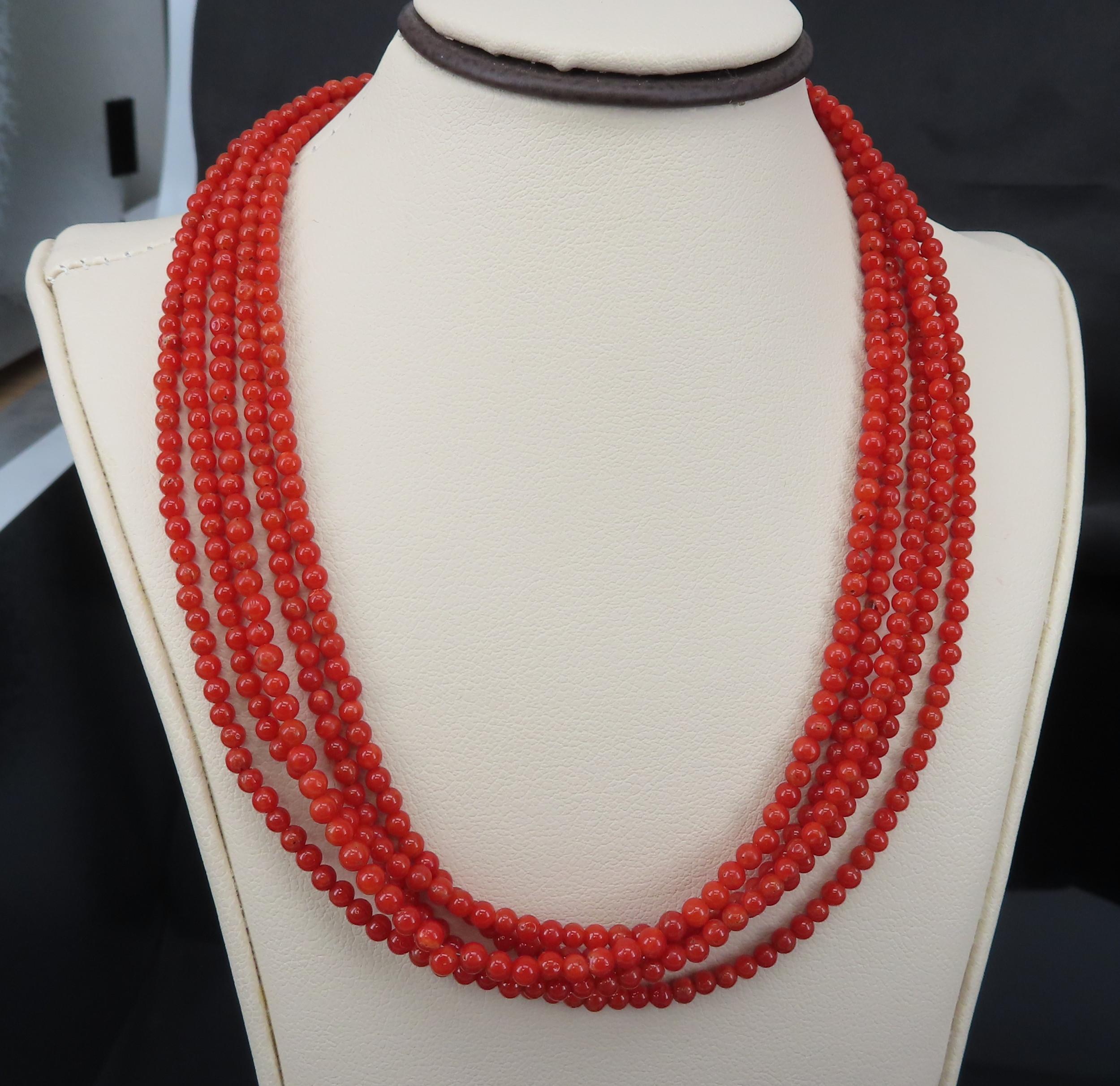 Natural Untreated Ox Blood Coral 2.5-2.9mm 5 layer 18K Yellow Gold 19" Necklace