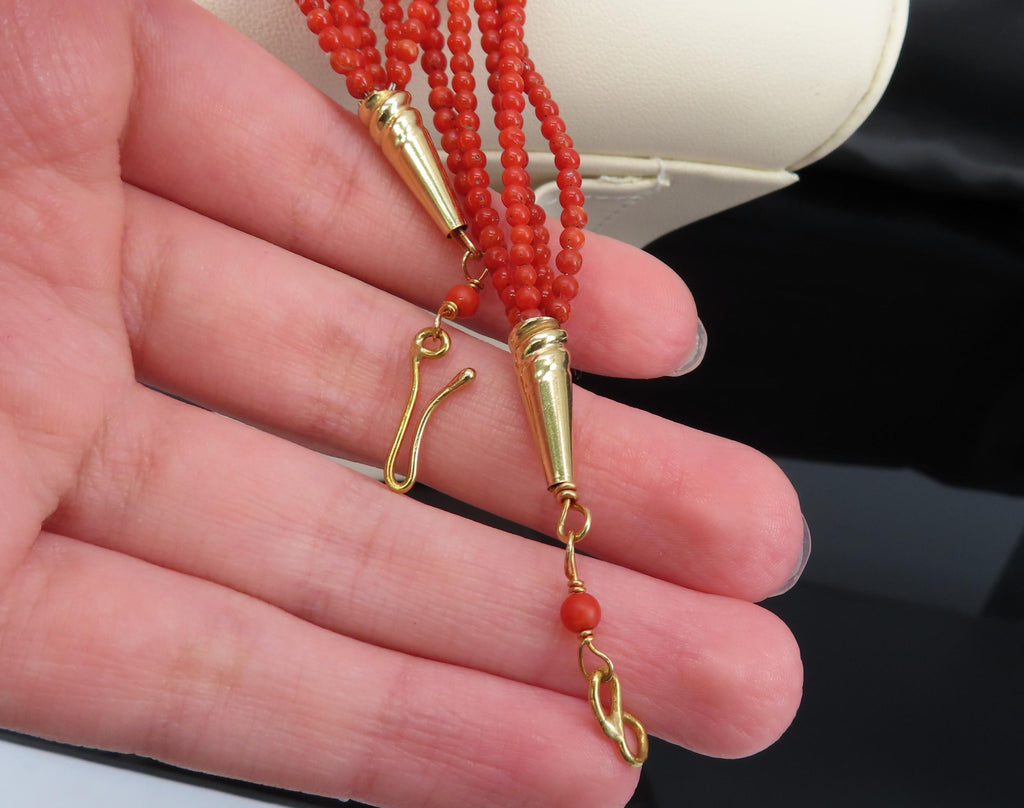 Natural Untreated Ox Blood Coral 2.5-2.9mm 5 layer 18K Yellow Gold 19" Necklace