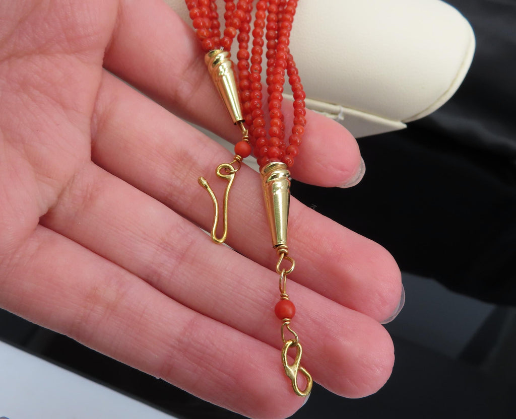 Natural Untreated Ox Blood Coral 2.5-2.9mm 5 layer 18K Yellow Gold 19" Necklace