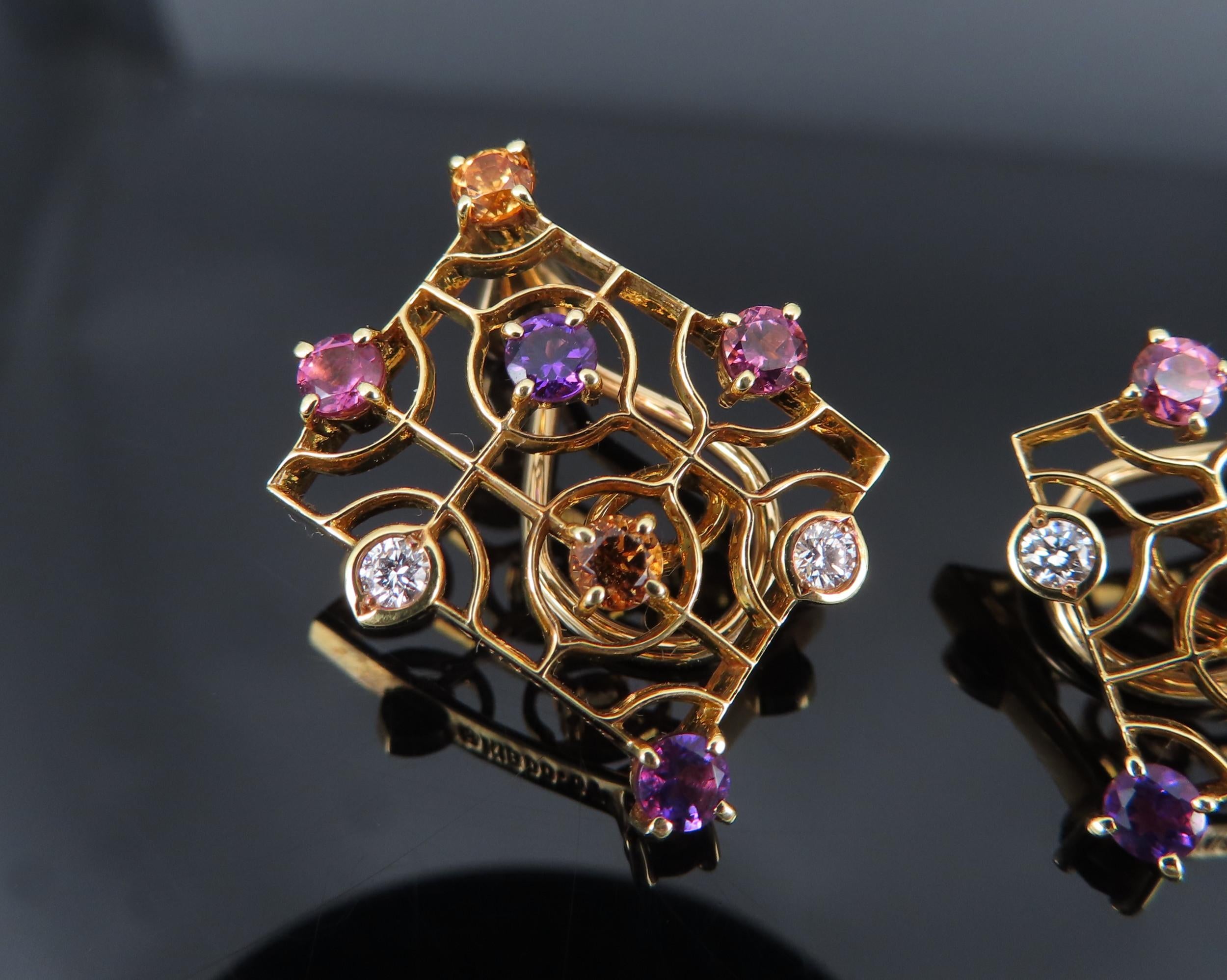Mikimoto 0.14ct Diamond 0.60ct Multi Color Sapphire 18K Yellow Gold Earrings