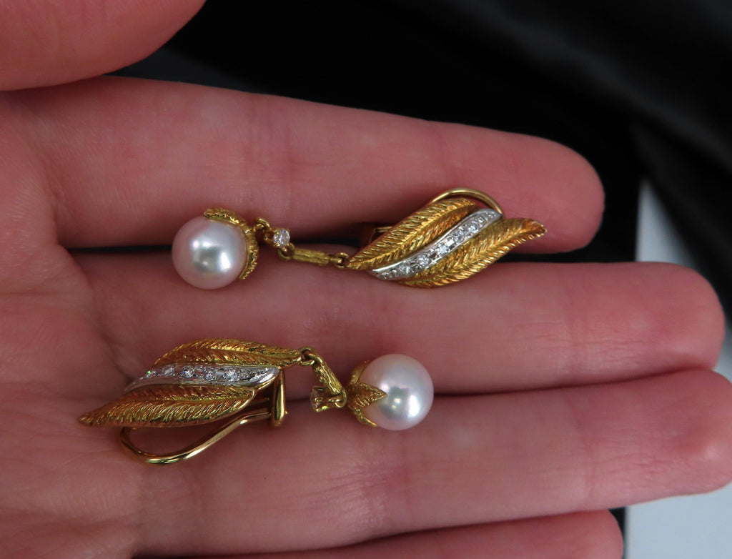 Mikimoto & Ueda 7.8mm Pearl 0.20ct Diamond Platinum 18K Gold Handmade Earrings