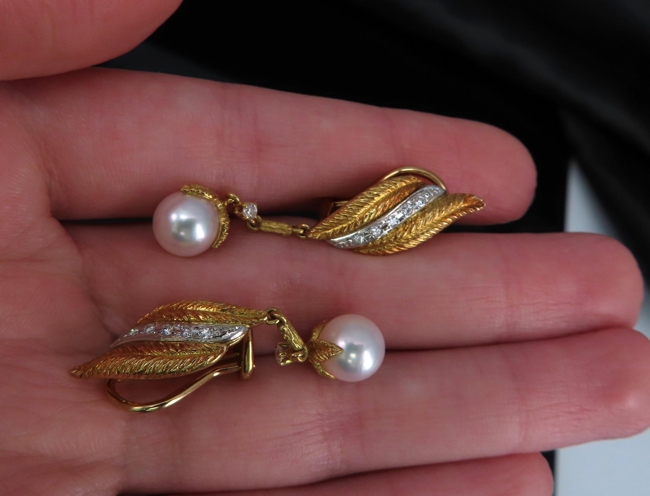 Mikimoto & Ueda 7.8mm Pearl 0.20ct Diamond Platinum 18K Gold Handmade Earrings