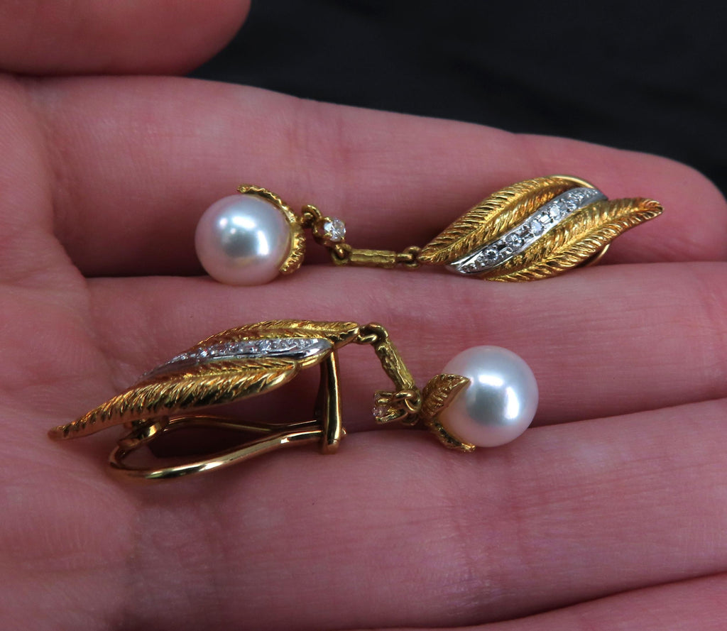 Mikimoto & Ueda 7.8mm Pearl 0.20ct Diamond Platinum 18K Gold Handmade Earrings