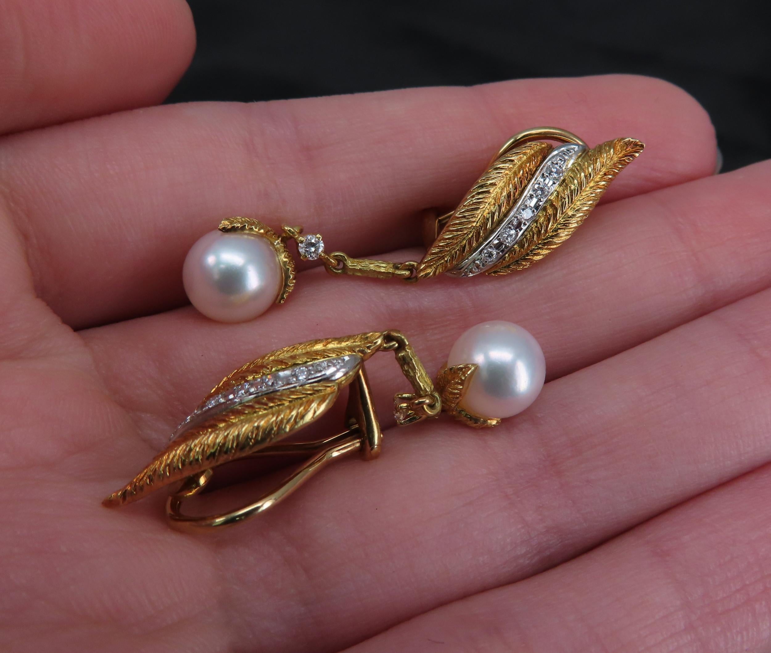 Mikimoto & Ueda 7.8mm Pearl 0.20ct Diamond Platinum 18K Gold Handmade Earrings