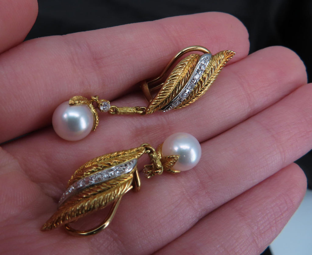 Mikimoto & Ueda 7.8mm Pearl 0.20ct Diamond Platinum 18K Gold Handmade Earrings