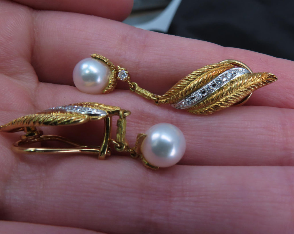 Mikimoto & Ueda 7.8mm Pearl 0.20ct Diamond Platinum 18K Gold Handmade Earrings