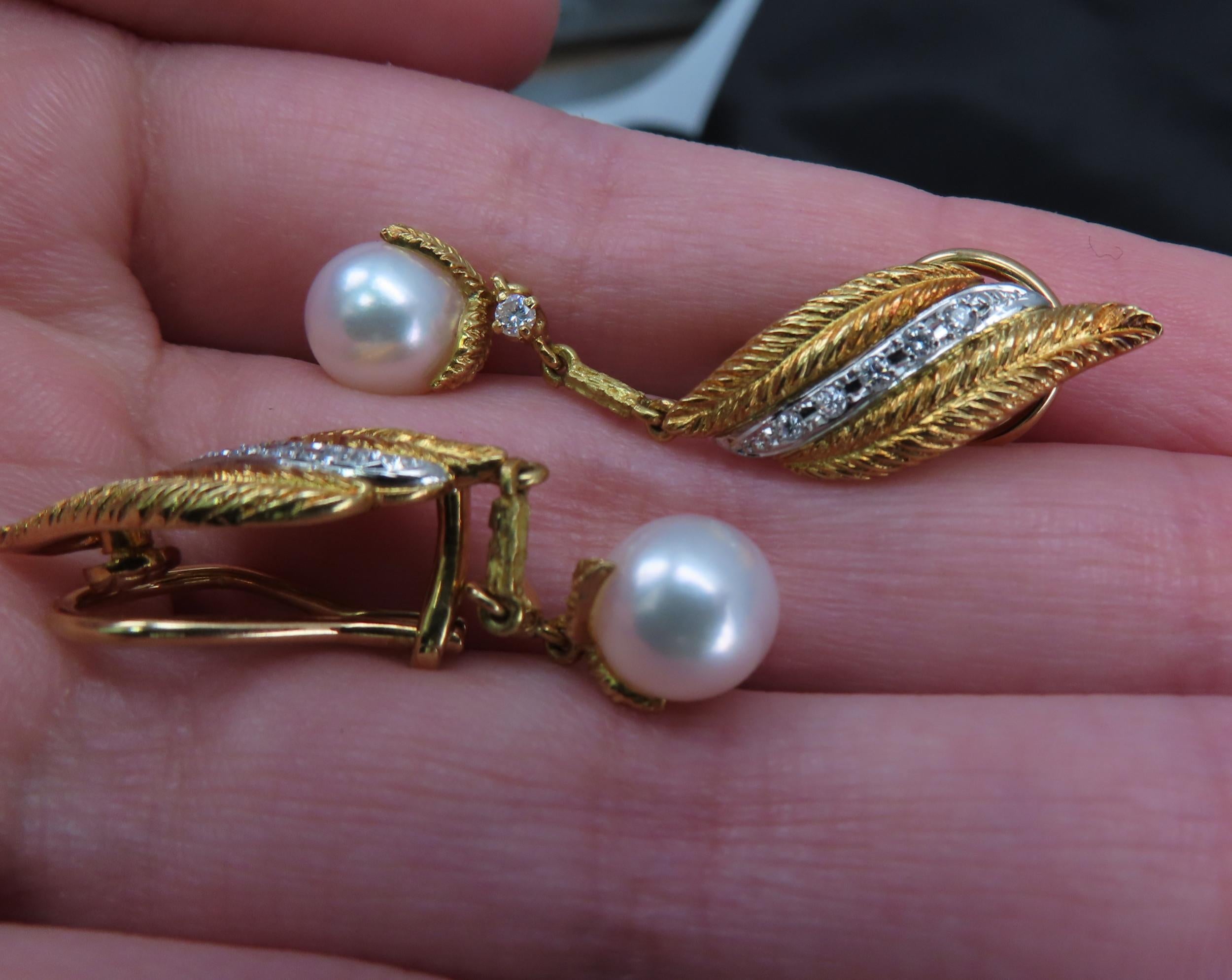Mikimoto & Ueda 7.8mm Pearl 0.20ct Diamond Platinum 18K Gold Handmade Earrings