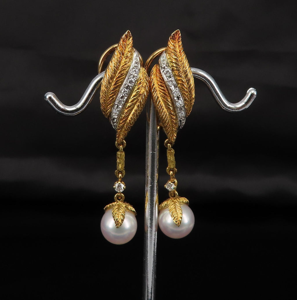 Mikimoto & Ueda 7.8mm Pearl 0.20ct Diamond Platinum 18K Gold Handmade Earrings