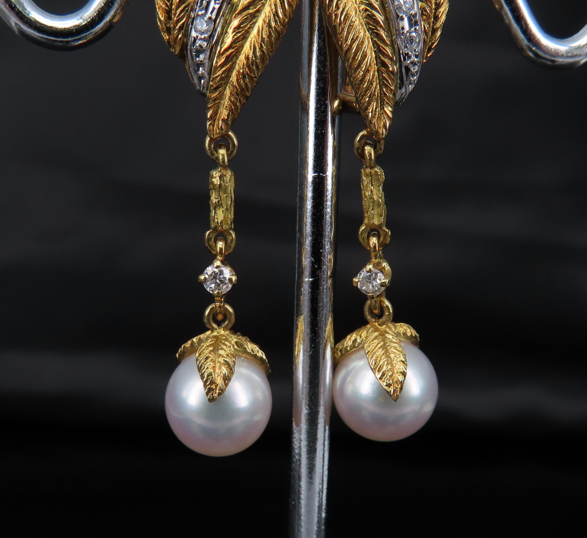Mikimoto & Ueda 7.8mm Pearl 0.20ct Diamond Platinum 18K Gold Handmade Earrings
