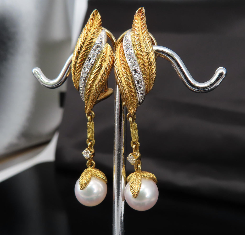 Mikimoto & Ueda 7.8mm Pearl 0.20ct Diamond Platinum 18K Gold Handmade Earrings