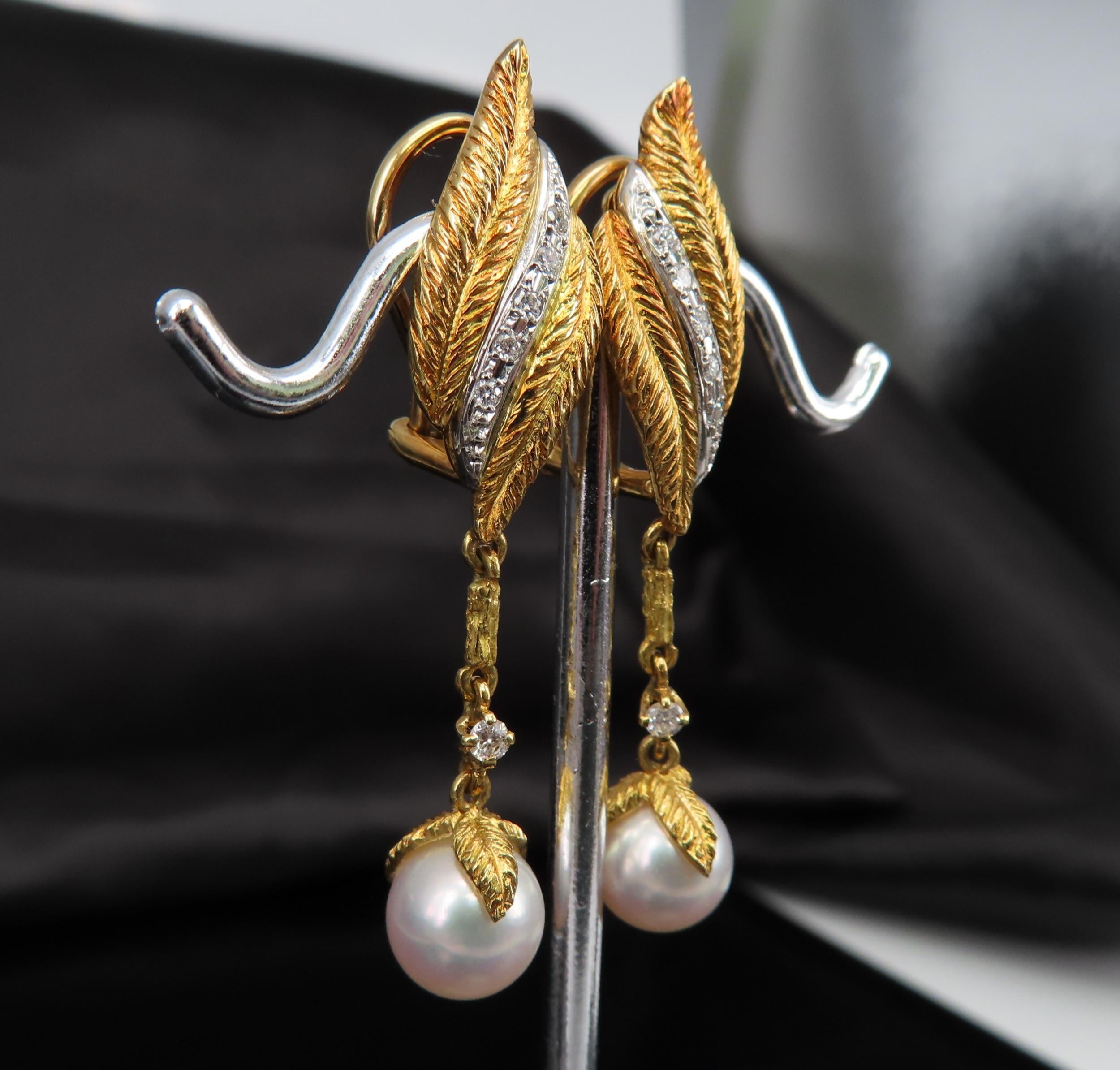 Mikimoto & Ueda 7.8mm Pearl 0.20ct Diamond Platinum 18K Gold Handmade Earrings