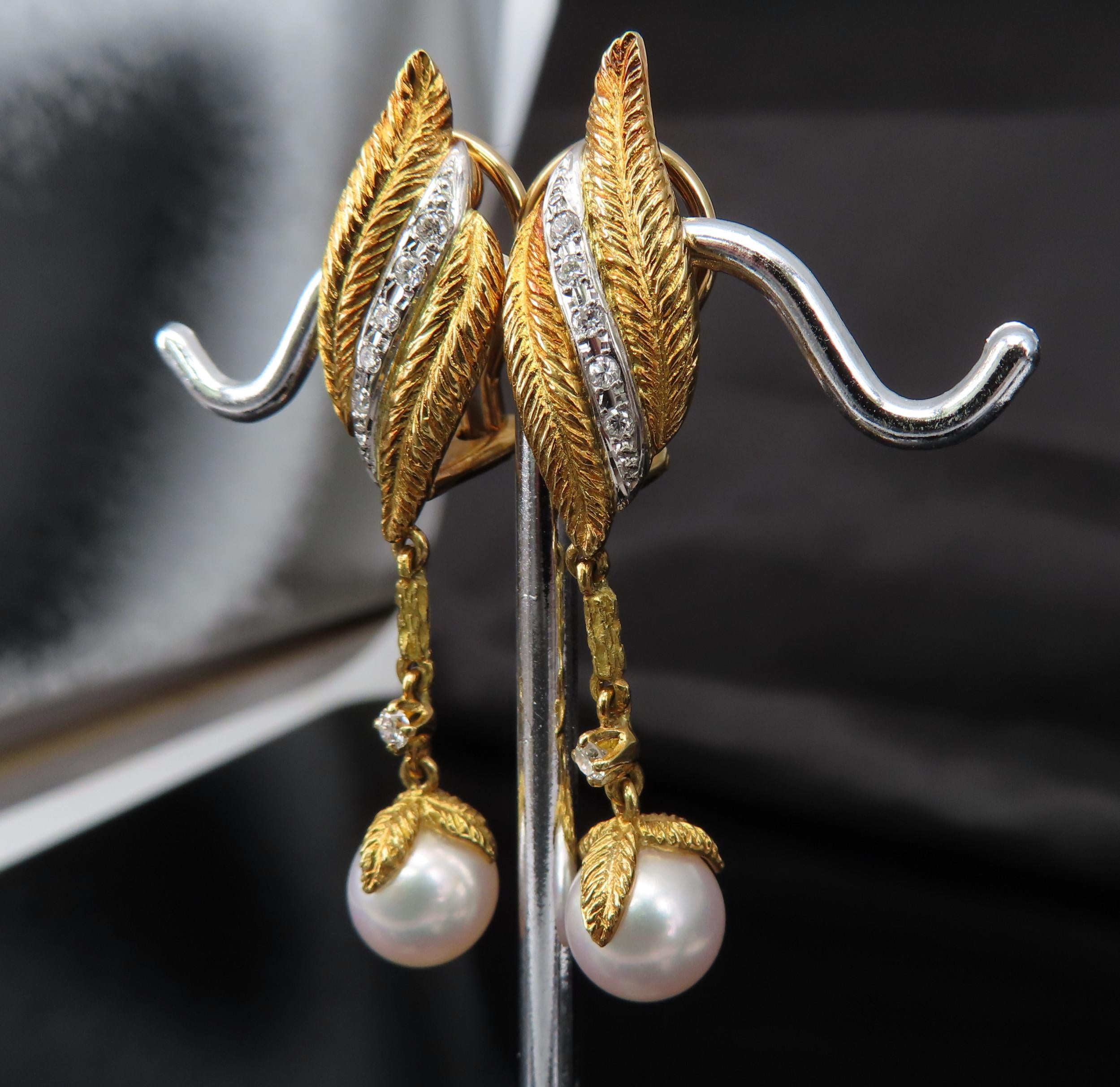 Mikimoto & Ueda 7.8mm Pearl 0.20ct Diamond Platinum 18K Gold Handmade Earrings