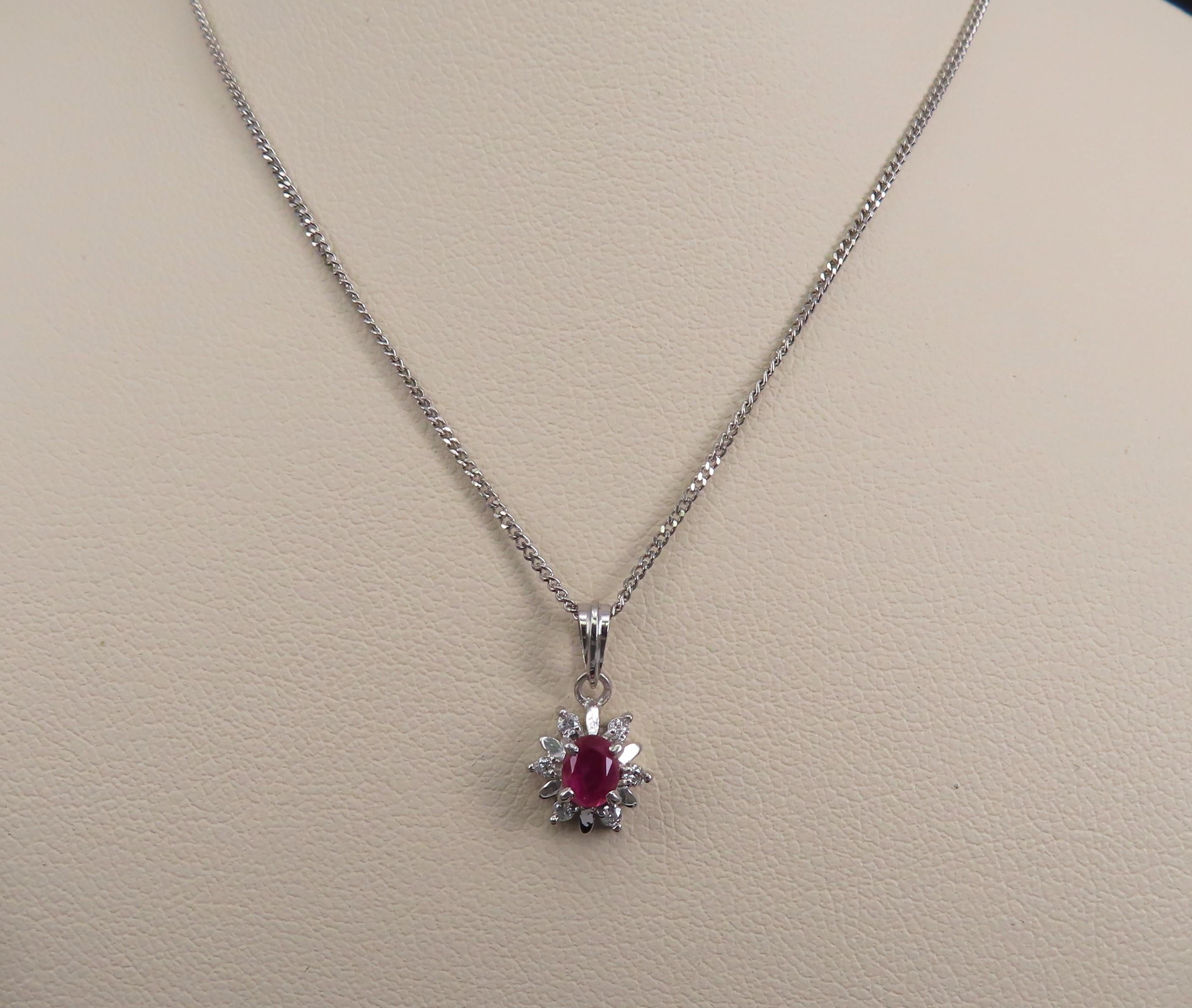 Vintage 0.30ct Ruby & 0.06ct Diamond Platinum 16 Inch Snowflake Necklace