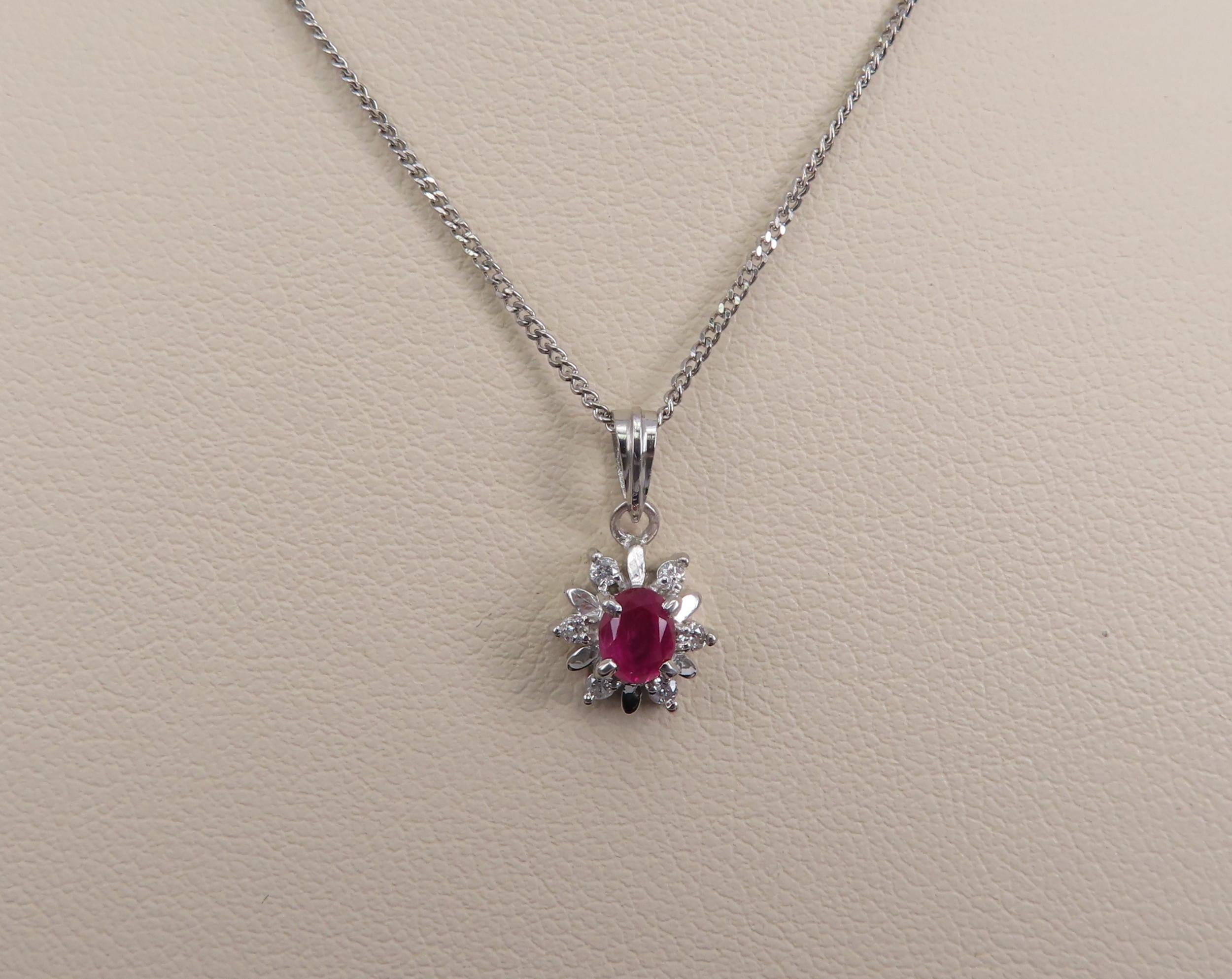 Vintage 0.30ct Ruby & 0.06ct Diamond Platinum 16 Inch Snowflake Necklace