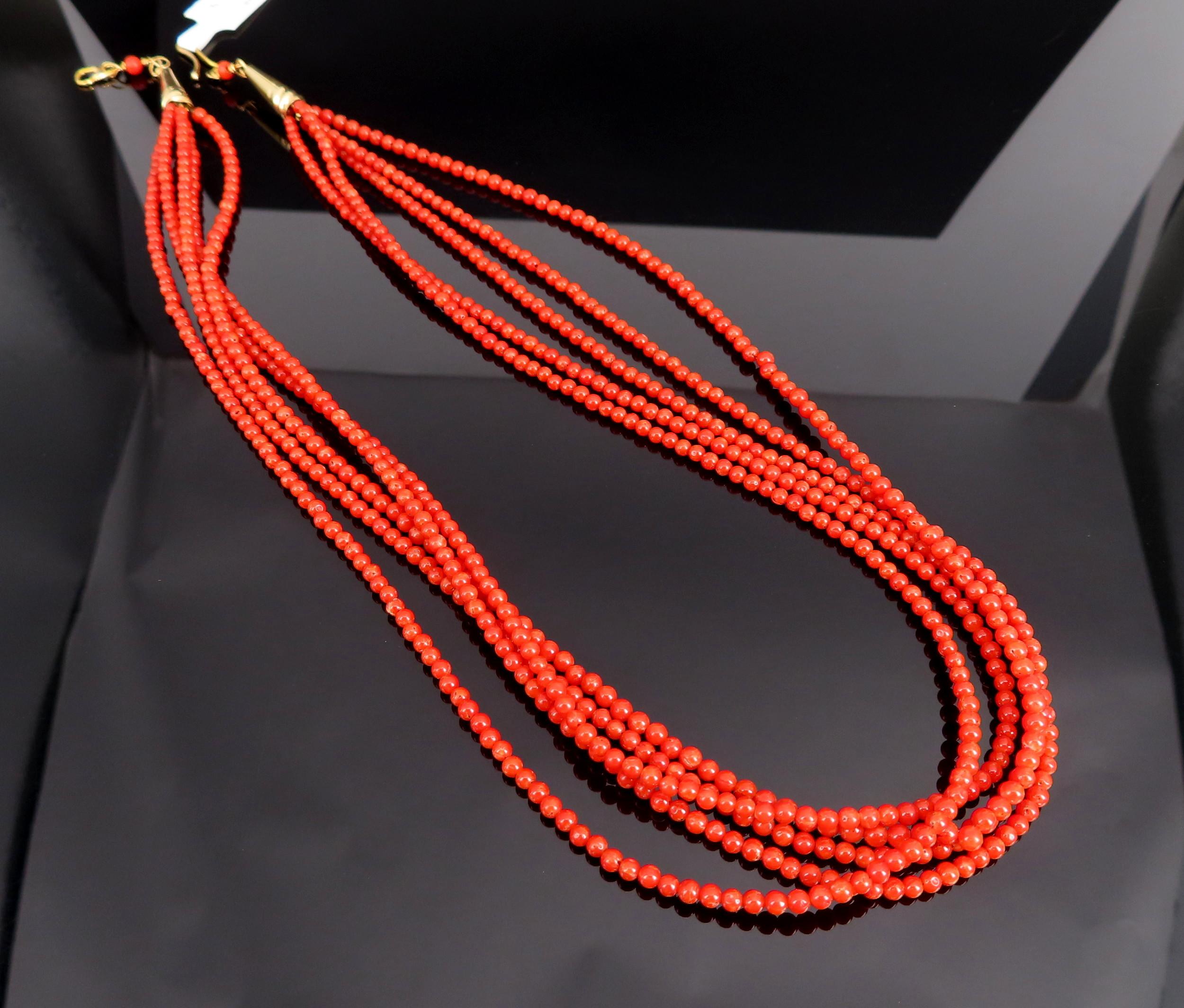 Natural Untreated Ox Blood Coral 2.5-2.9mm 5 layer 18K Yellow Gold 19" Necklace