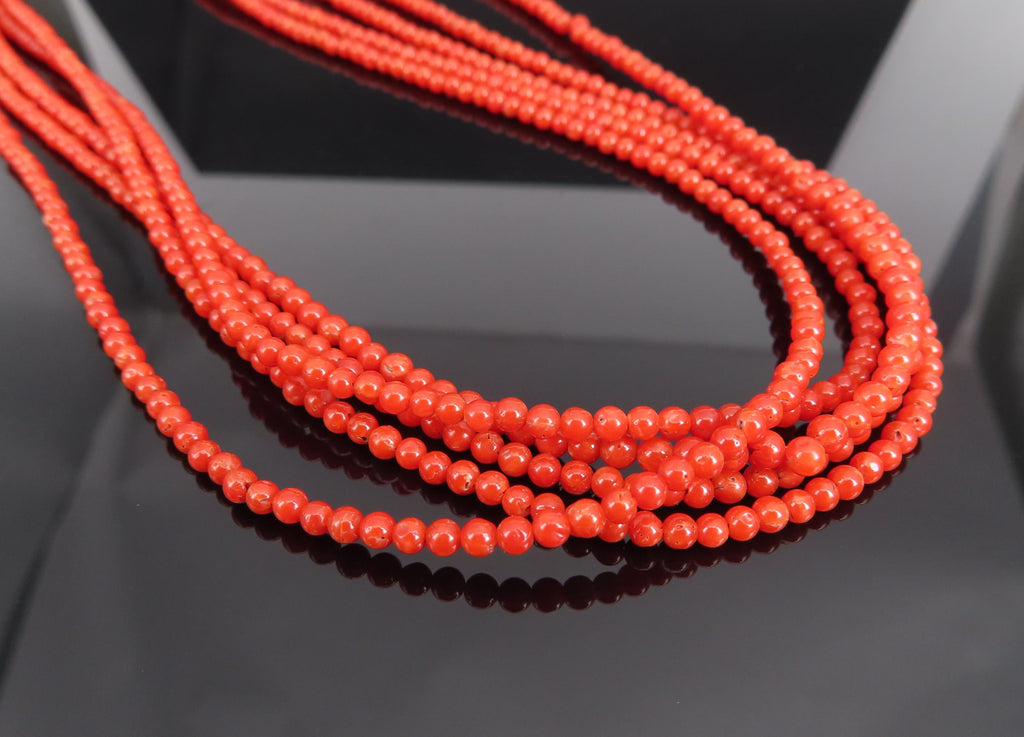 Natural Untreated Ox Blood Coral 2.5-2.9mm 5 layer 18K Yellow Gold 19" Necklace