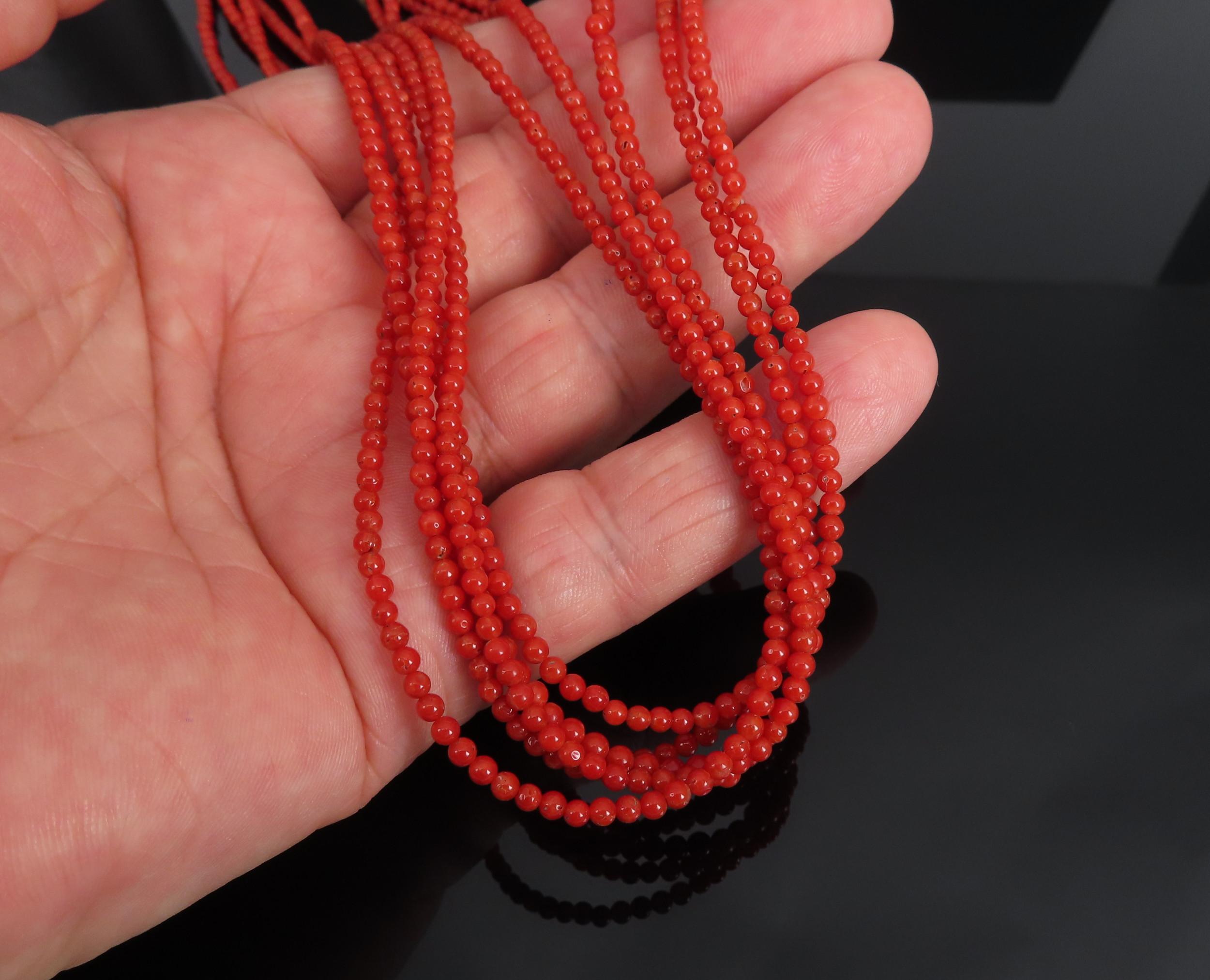 Natural Untreated Ox Blood Coral 2.5-2.9mm 5 layer 18K Yellow Gold 19" Necklace
