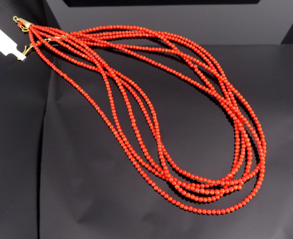 Natural Untreated Ox Blood Coral 2.5-2.9mm 5 layer 18K Yellow Gold 19" Necklace
