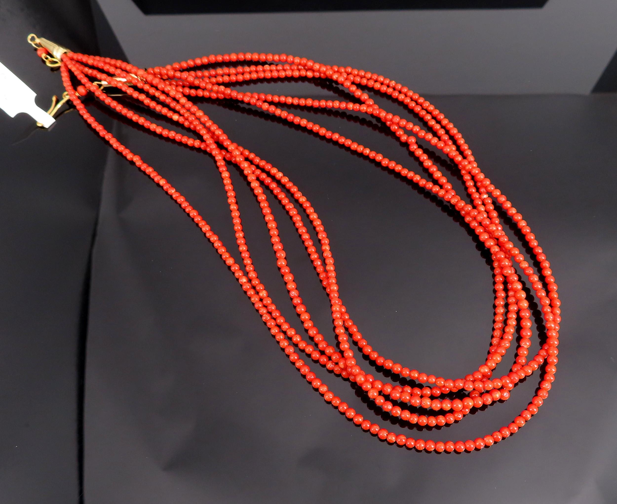 Natural Untreated Ox Blood Coral 2.5-2.9mm 5 layer 18K Yellow Gold 19" Necklace
