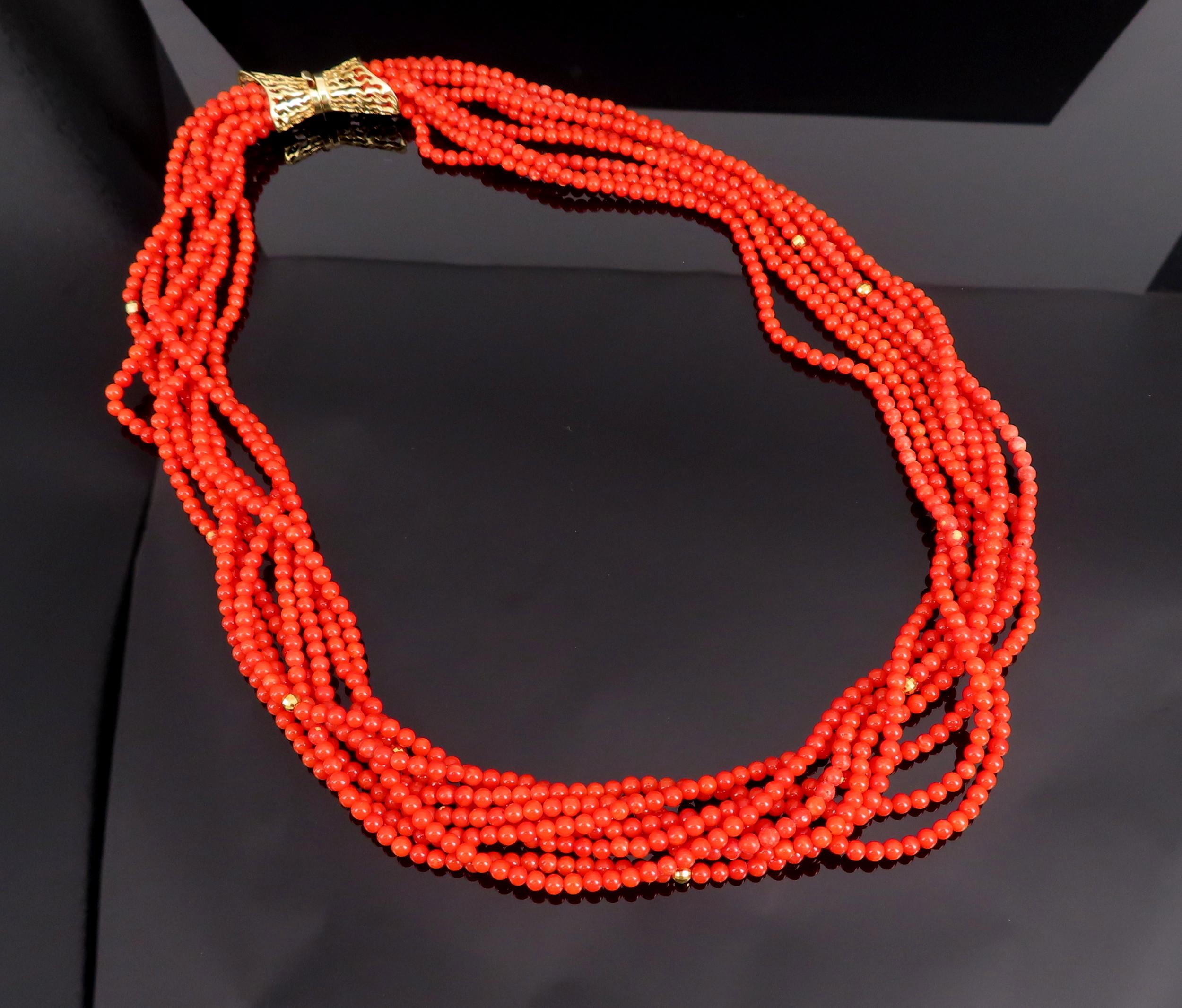 Vintage 3mm Natural Ox Blood Coral & 14K Yellow Gold 18.5" Torsade Necklace 47g