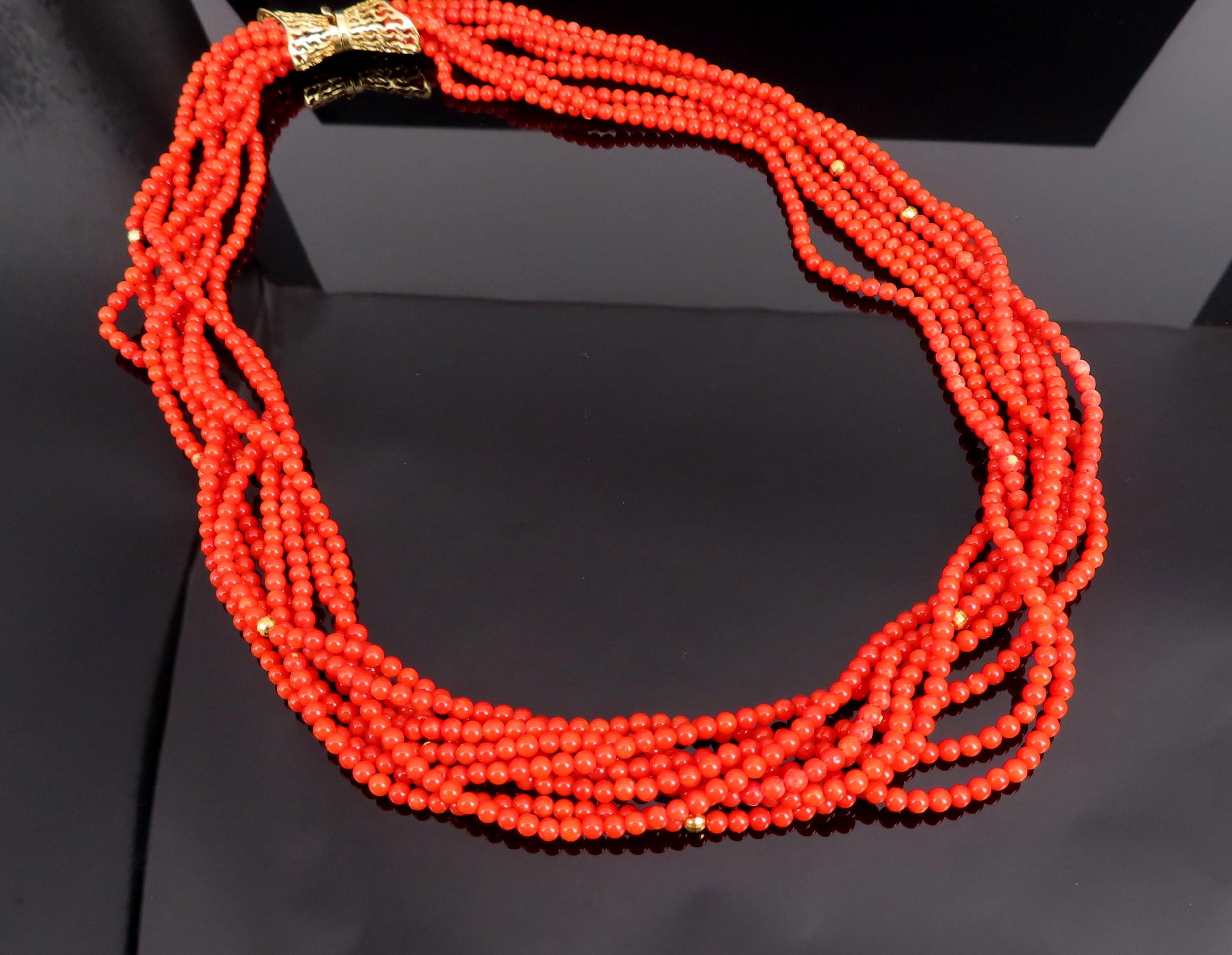 Vintage 3mm Natural Ox Blood Coral & 14K Yellow Gold 18.5" Torsade Necklace 47g