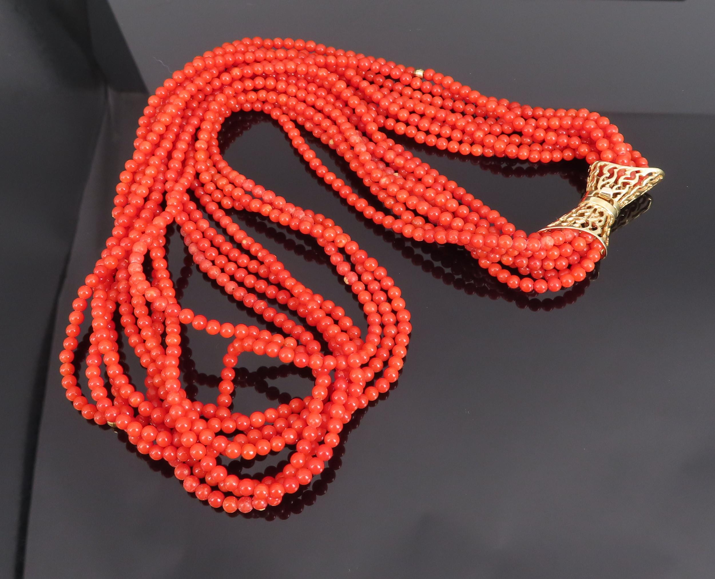 Vintage 3mm Natural Ox Blood Coral & 14K Yellow Gold 18.5" Torsade Necklace 47g
