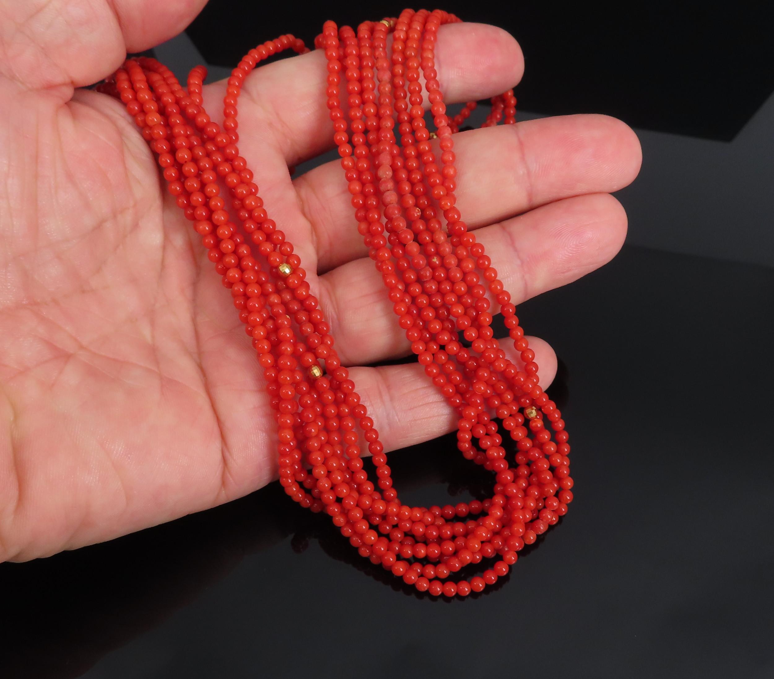 Vintage 3mm Natural Ox Blood Coral & 14K Yellow Gold 18.5" Torsade Necklace 47g