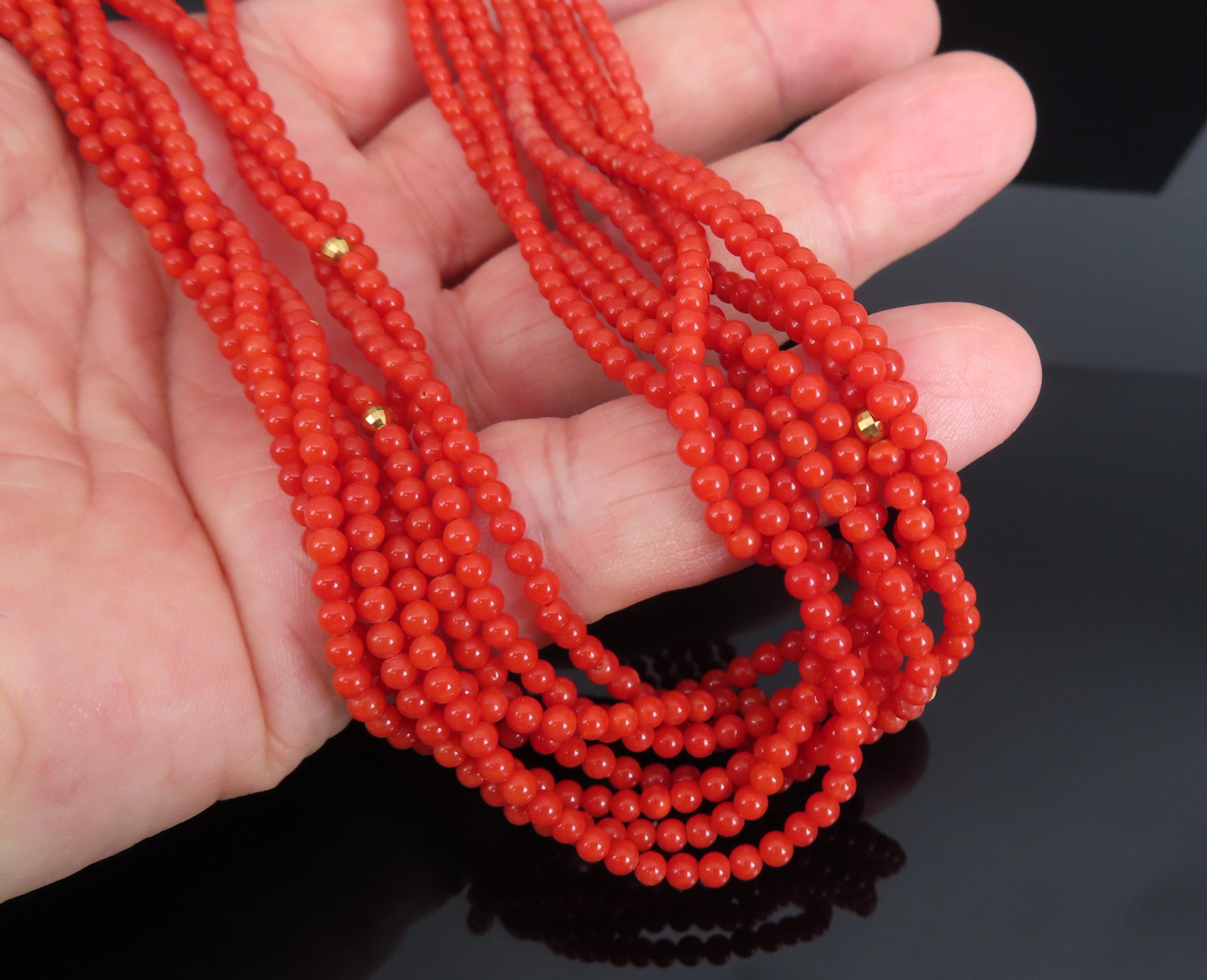 Vintage 3mm Natural Ox Blood Coral & 14K Yellow Gold 18.5" Torsade Necklace 47g