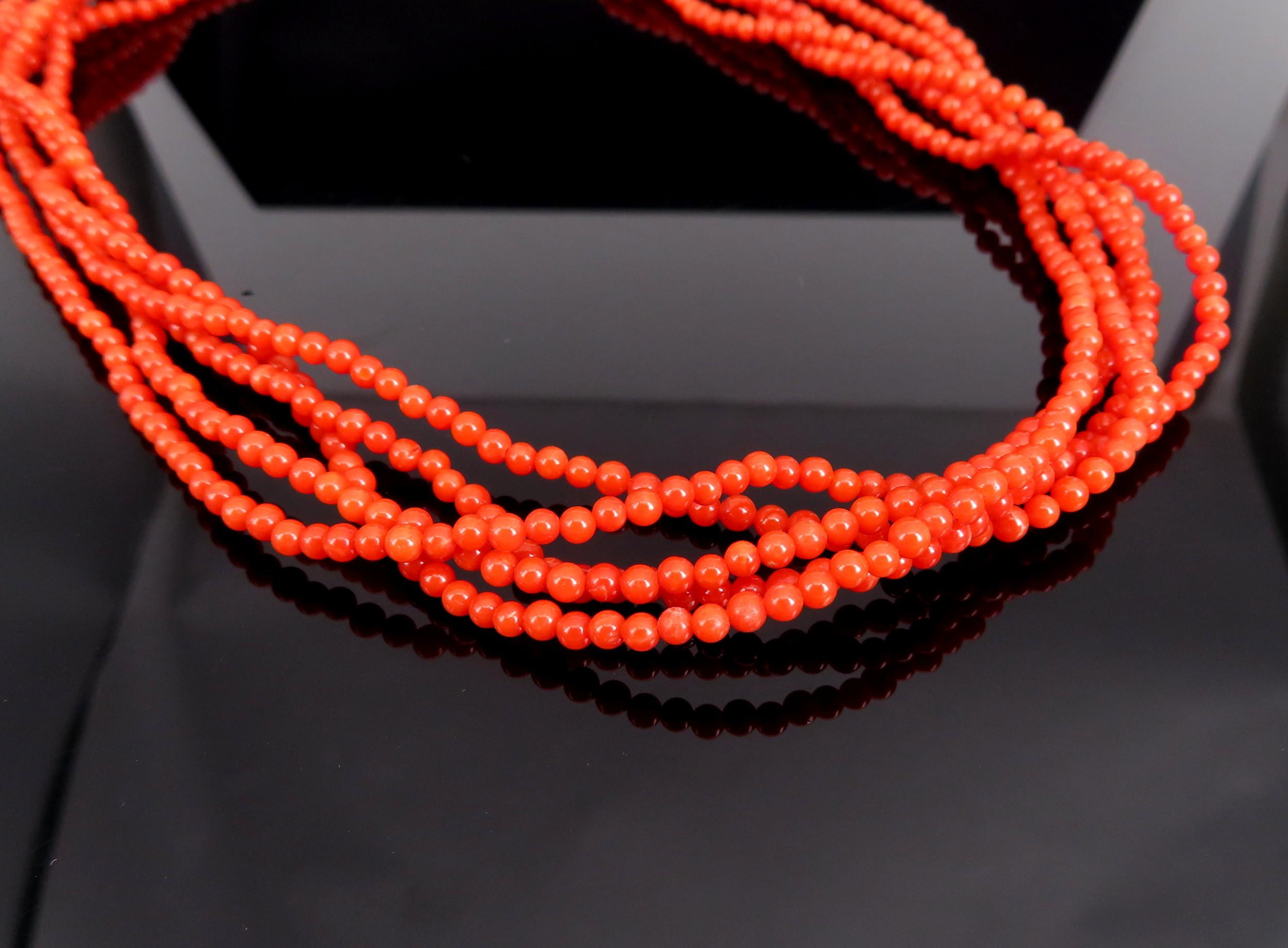 Vintage 3mm Natural Untreated Ox Blood Coral 16.5" Silver Torsade Necklace 25.7g