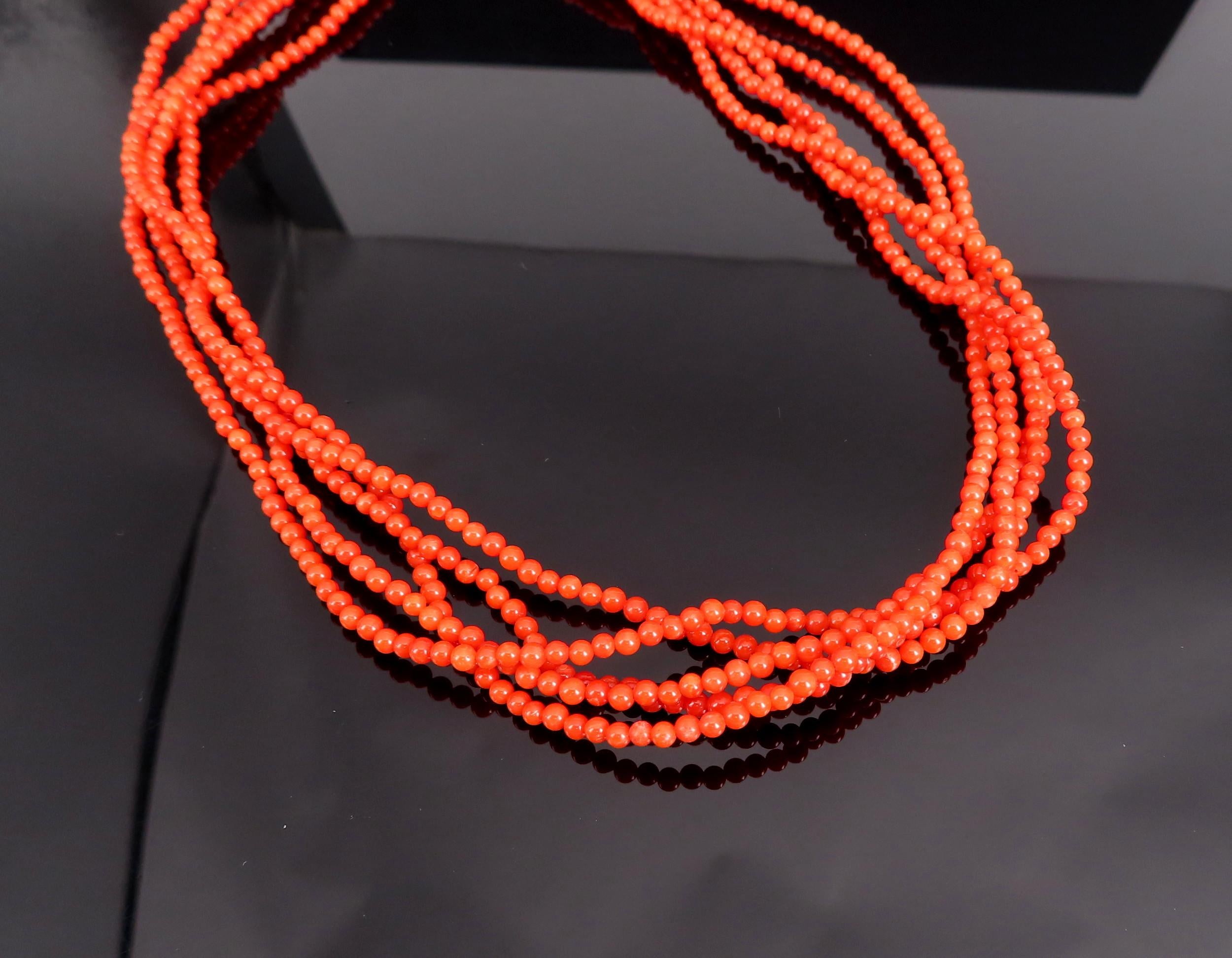 Vintage 3mm Natural Untreated Ox Blood Coral 16.5" Silver Torsade Necklace 25.7g