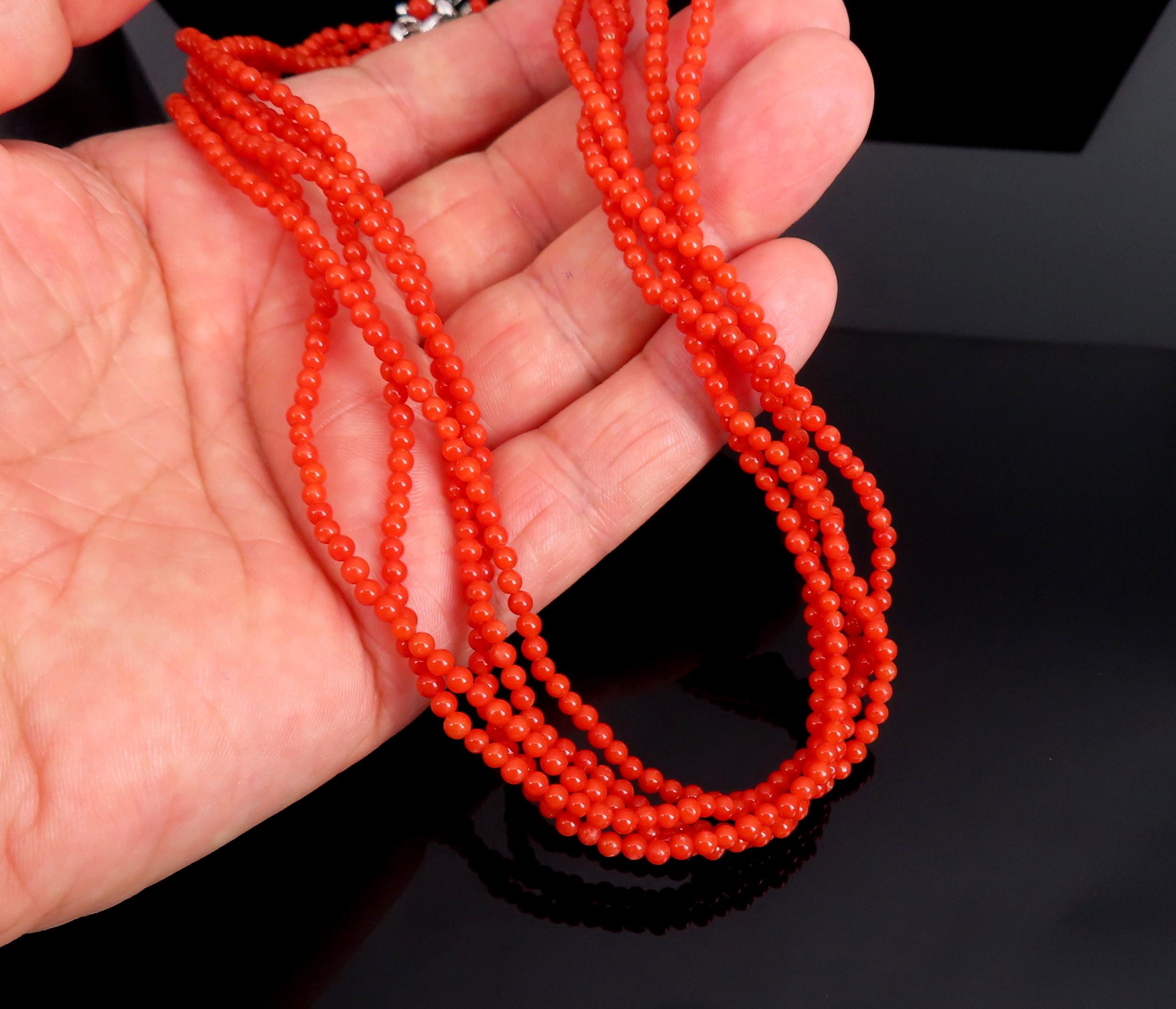 Vintage 3mm Natural Untreated Ox Blood Coral 16.5" Silver Torsade Necklace 25.7g