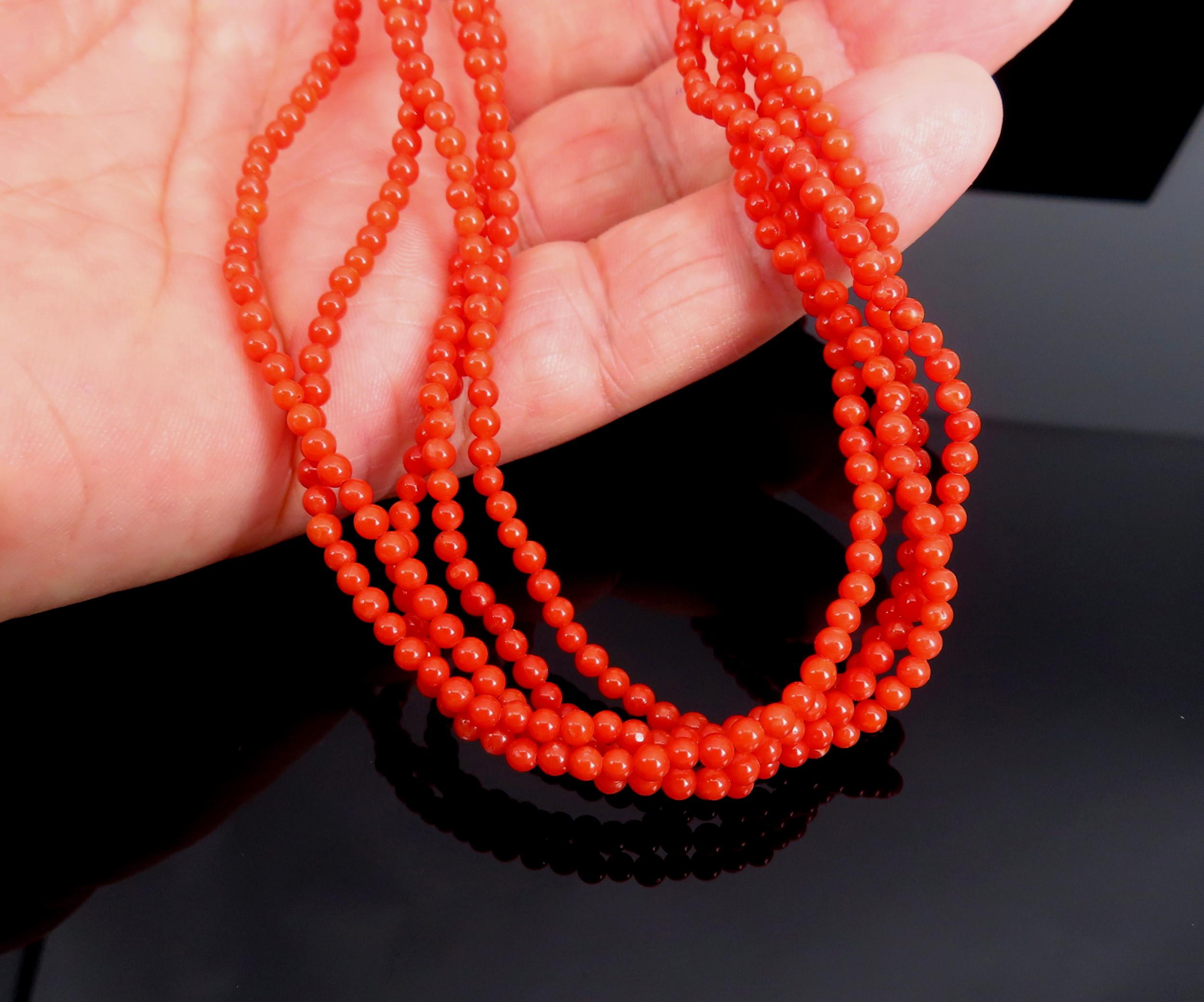 Vintage 3mm Natural Untreated Ox Blood Coral 16.5" Silver Torsade Necklace 25.7g