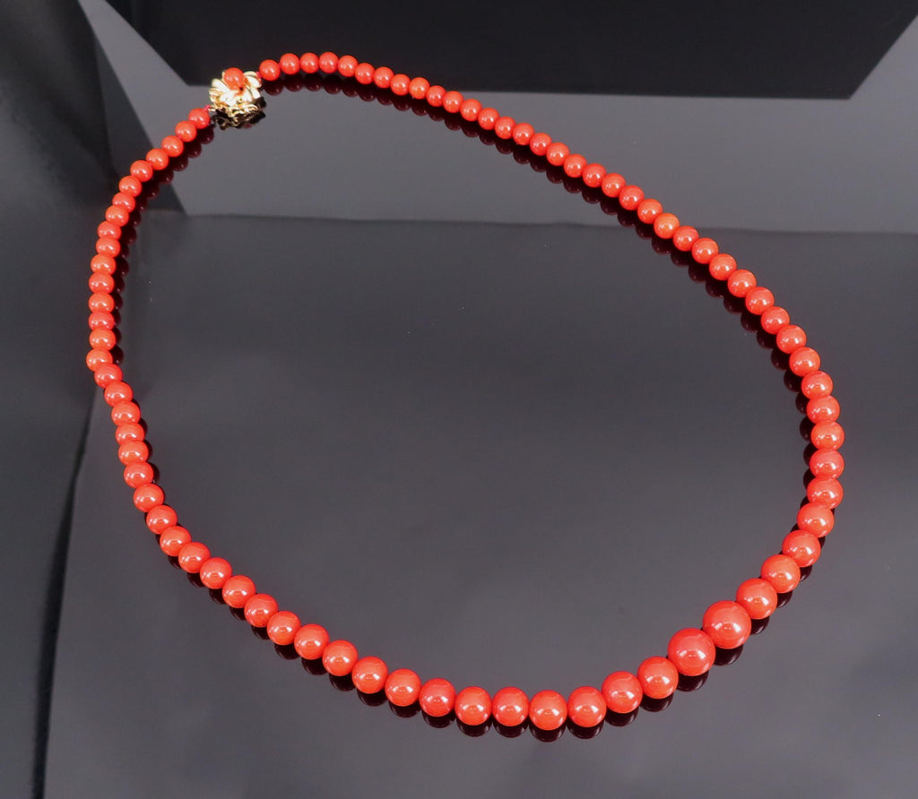 Fine 4.9-8.6mm Natural Untreated Ox Blood Red Coral 14K Yellow Gold Necklace