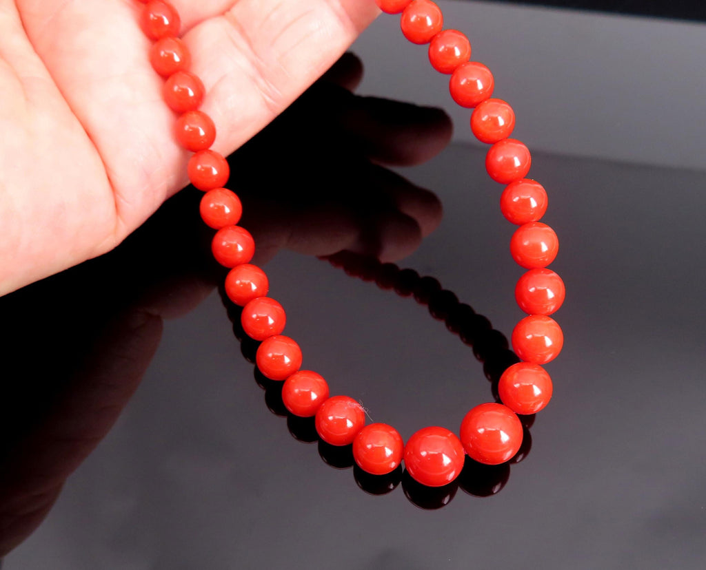 Fine 4.9-8.6mm Natural Untreated Ox Blood Red Coral 14K Yellow Gold Necklace