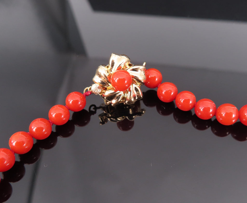 Fine 4.9-8.6mm Natural Untreated Ox Blood Red Coral 14K Yellow Gold Necklace