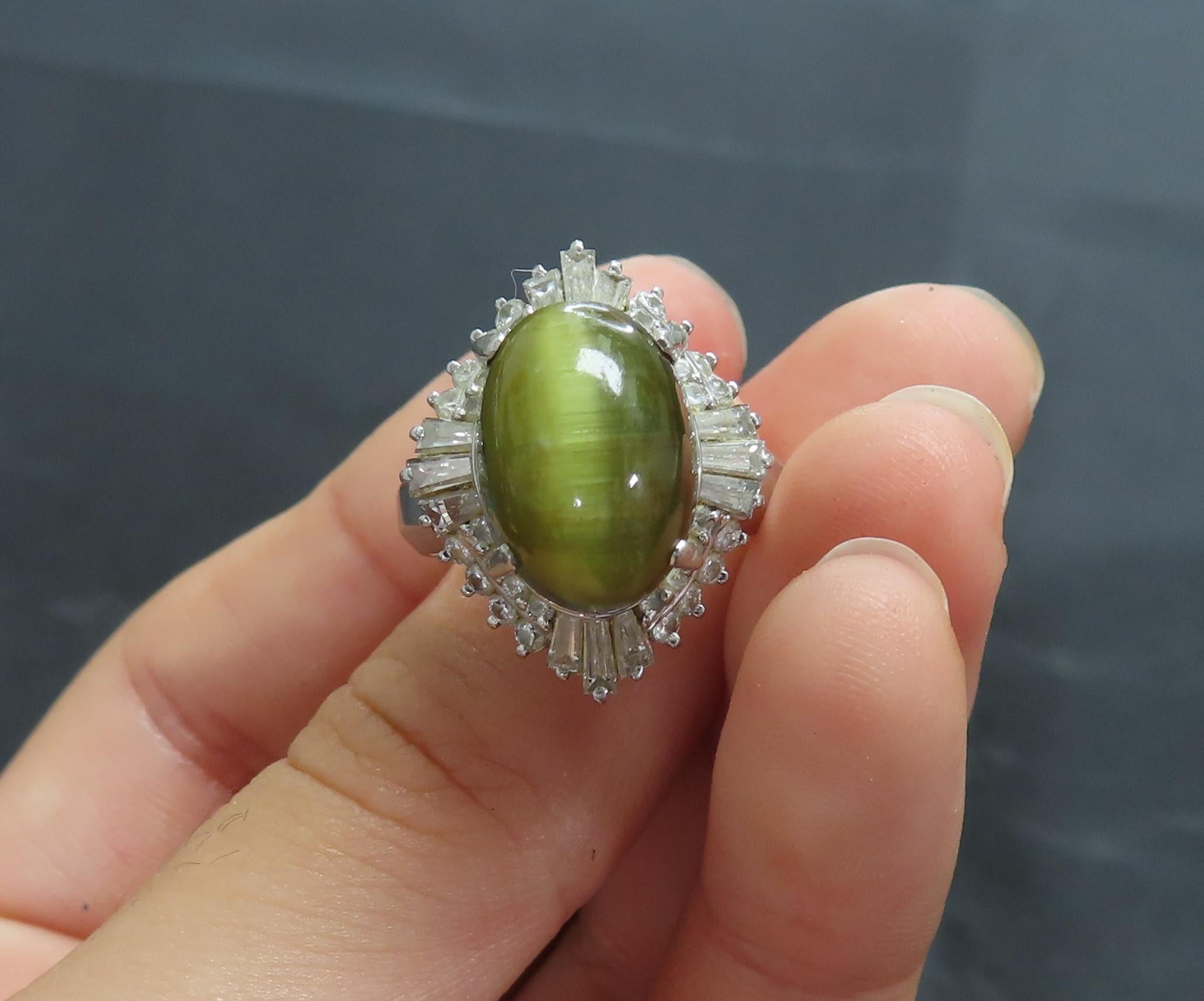 Vintage 8.54ct Cat's Eye Tourmaline  & 1.08ct Diamond Platinum Ring, Size 6