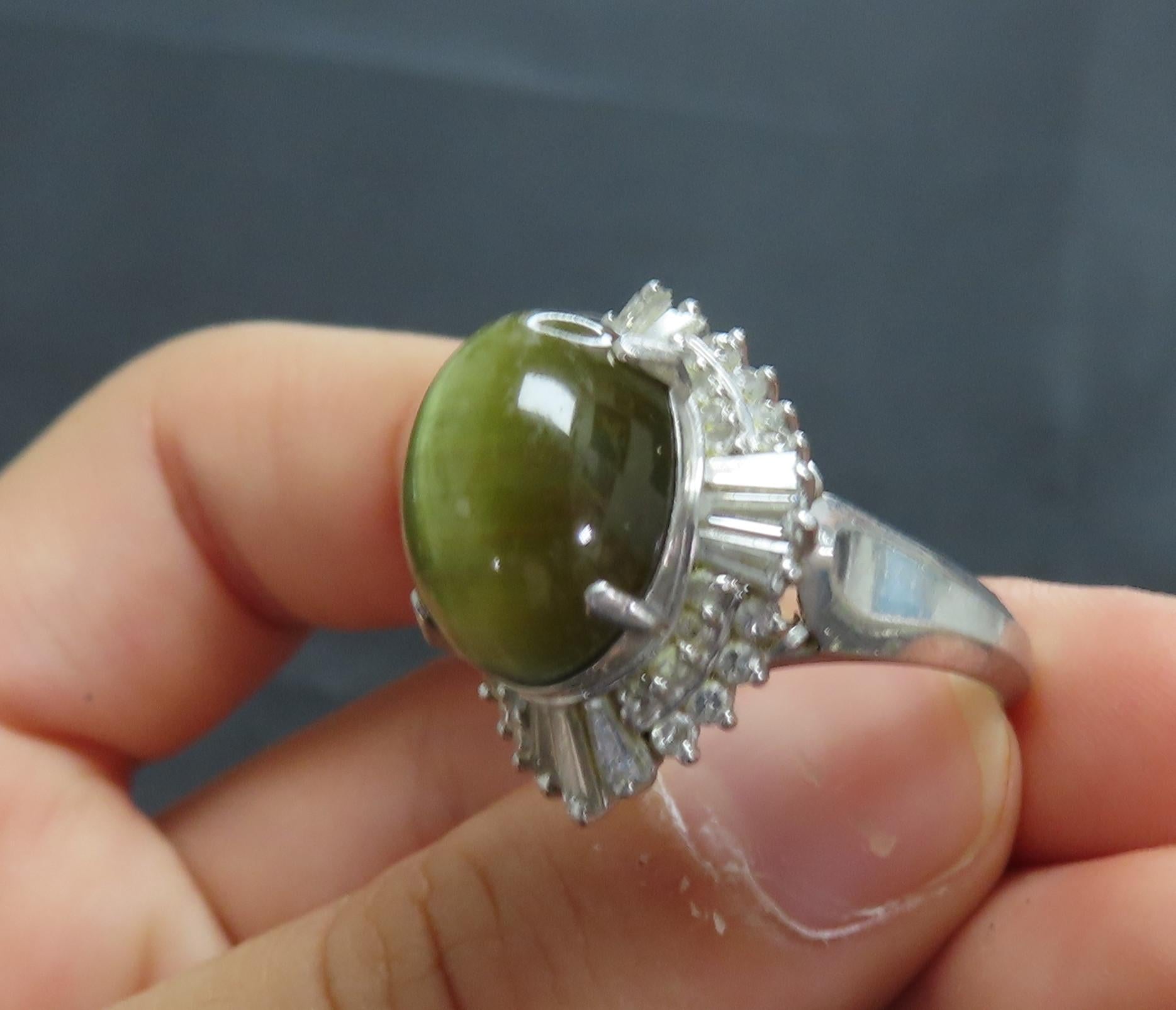 Vintage 8.54ct Cat's Eye Tourmaline  & 1.08ct Diamond Platinum Ring, Size 6