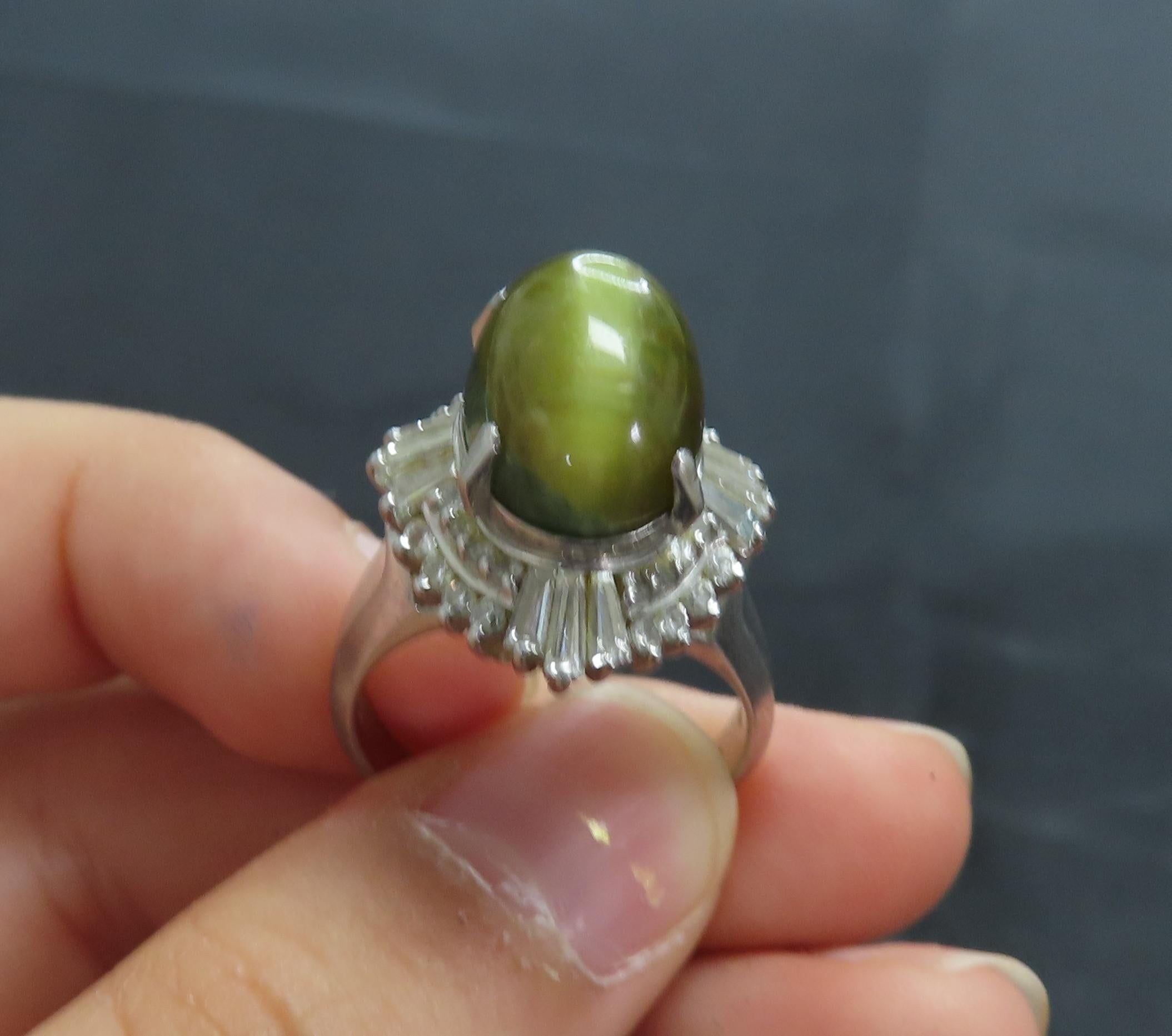 Vintage 8.54ct Cat's Eye Tourmaline  & 1.08ct Diamond Platinum Ring, Size 6