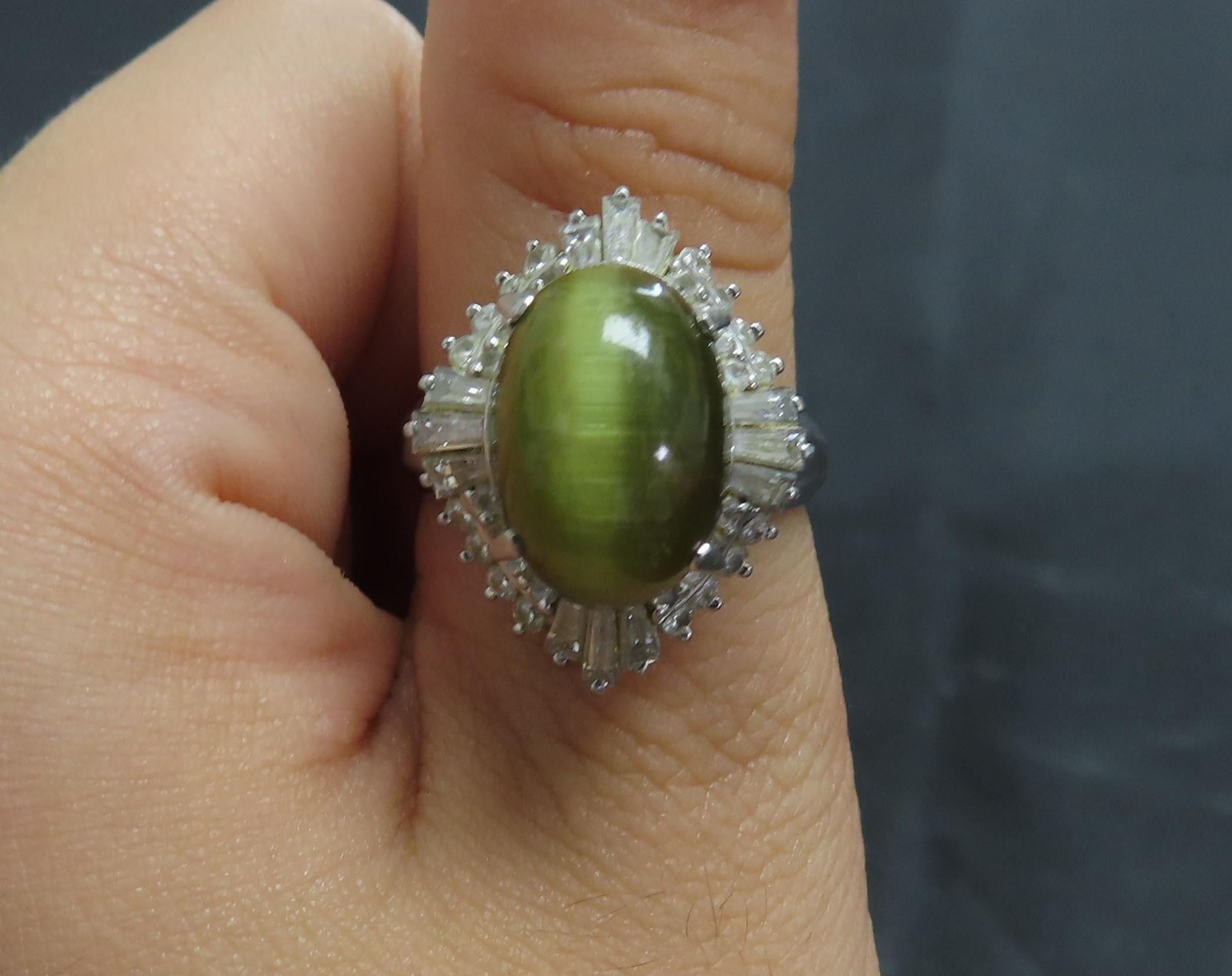 Vintage 8.54ct Cat's Eye Tourmaline  & 1.08ct Diamond Platinum Ring, Size 6