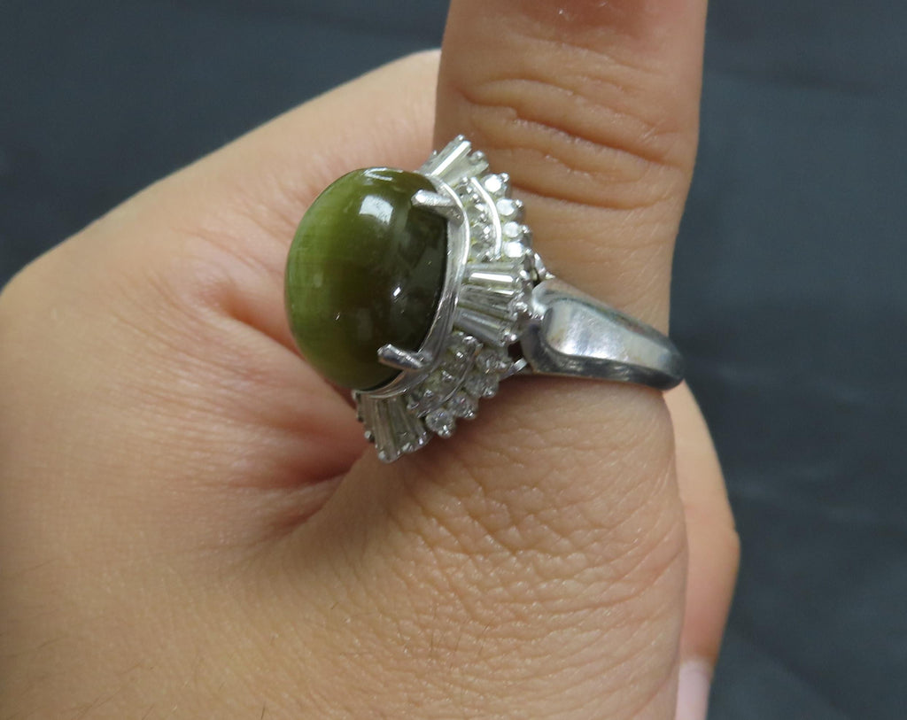 Vintage 8.54ct Cat's Eye Tourmaline  & 1.08ct Diamond Platinum Ring, Size 6