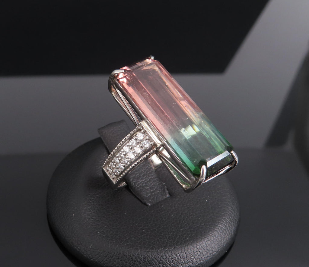 Rare 15.82ct Natural Watermelon Tourmaline & 0.35ct Diamond Platinum Ring Size 7