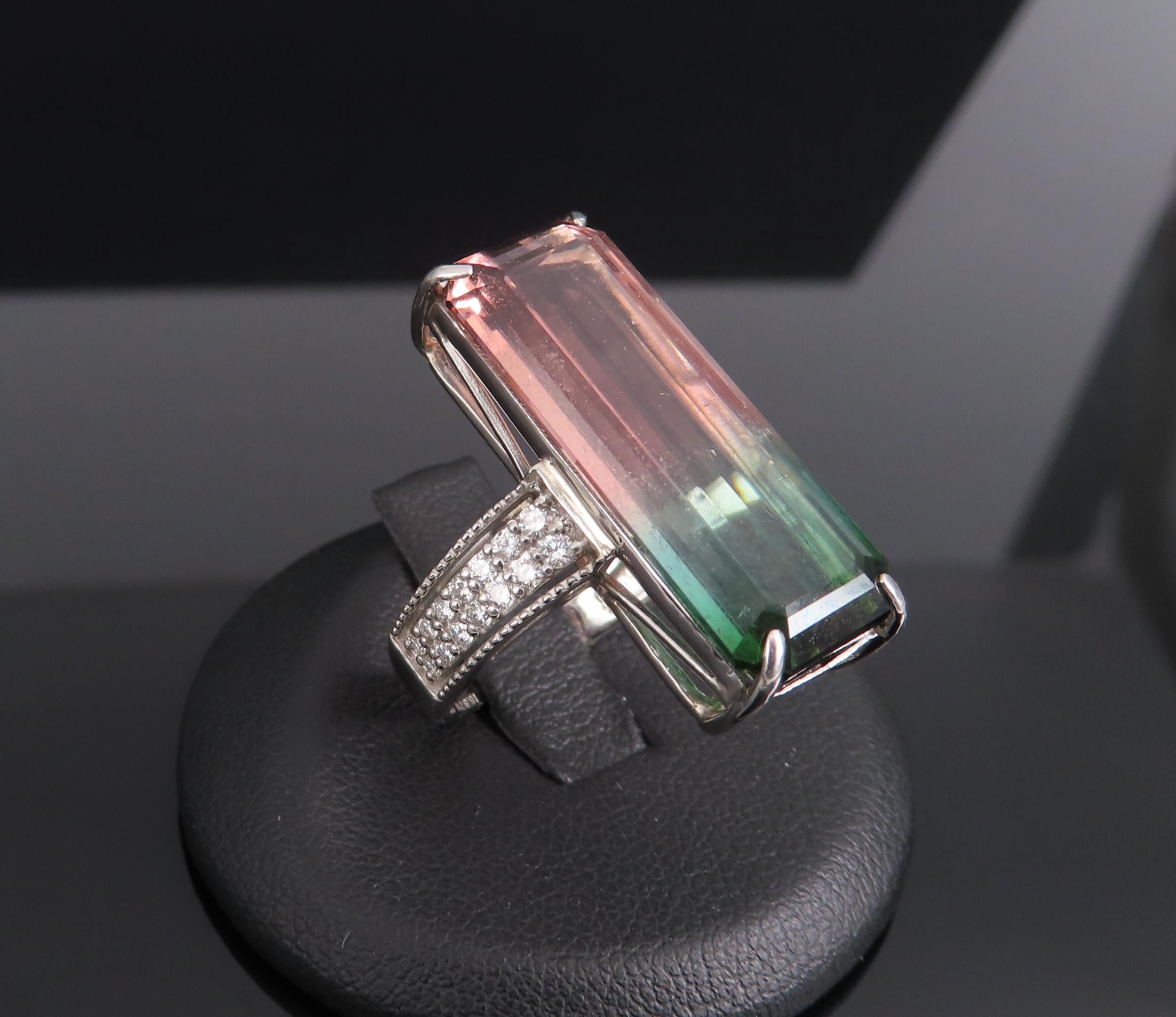 Rare 15.82ct Natural Watermelon Tourmaline & 0.35ct Diamond Platinum Ring Size 7