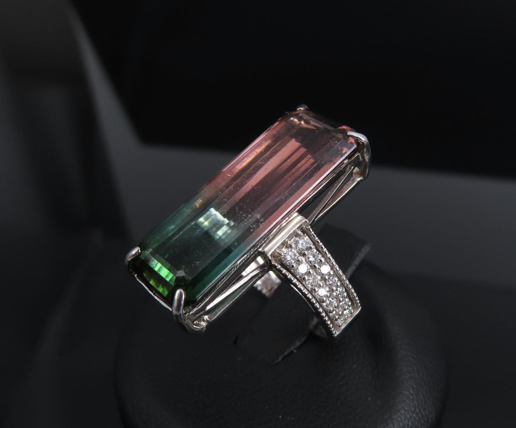 Rare 15.82ct Natural Watermelon Tourmaline & 0.35ct Diamond Platinum Ring Size 7