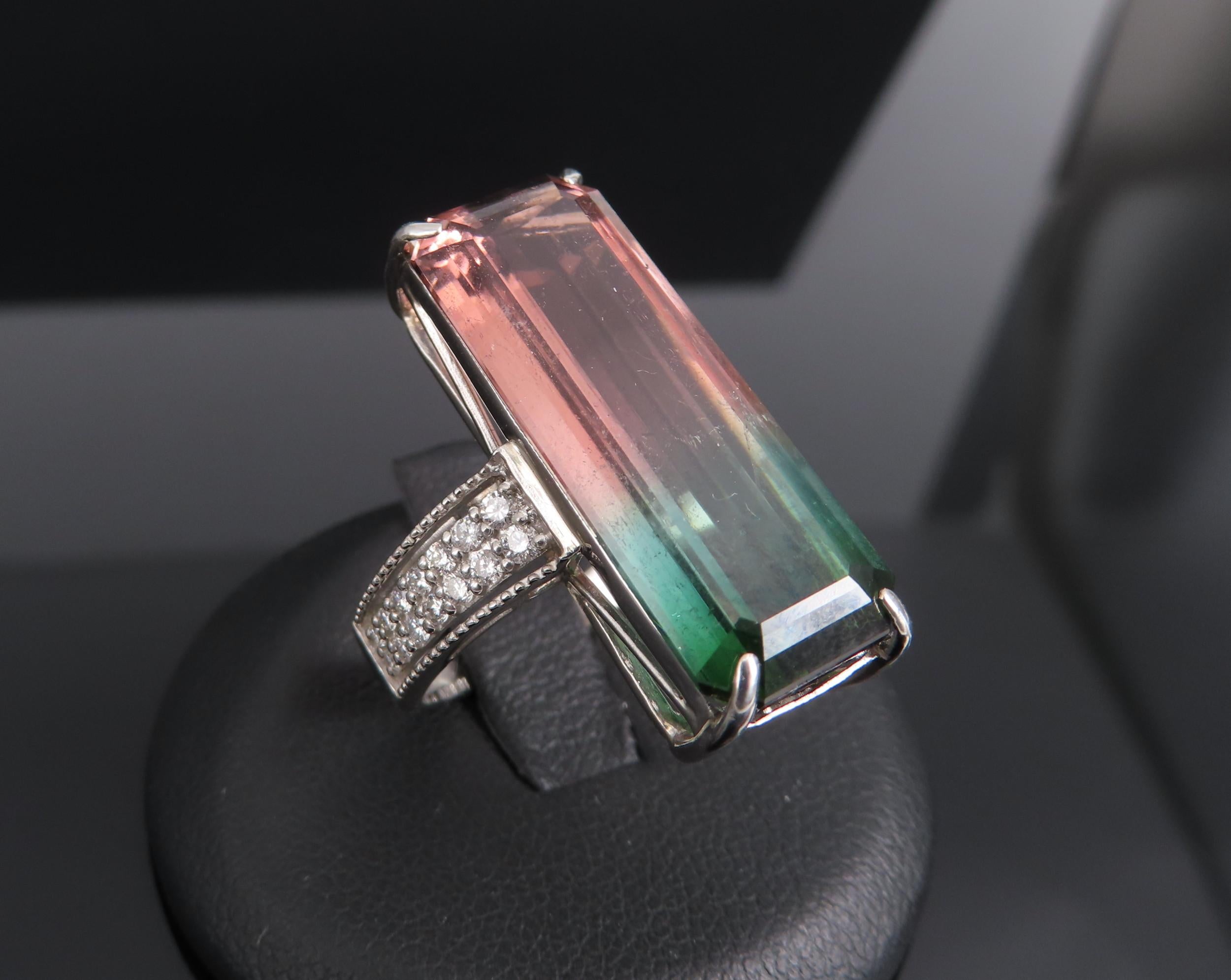 Rare 15.82ct Natural Watermelon Tourmaline & 0.35ct Diamond Platinum Ring Size 7